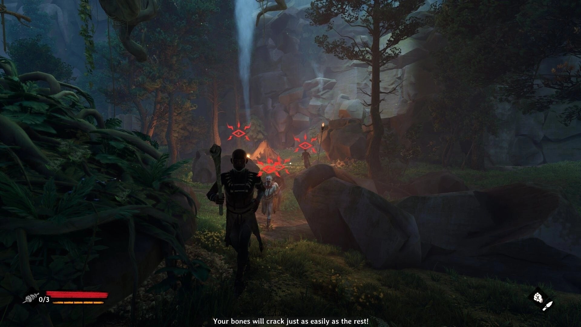 Kiipluu: Player sneaks behind a patrolling enemy as red alert icons glow in a rocky forest camp at night.