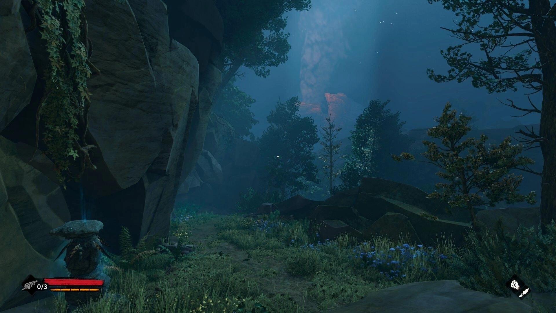Kiipluu: Player crouches by a cliffside path with health bar UI in a misty forest at night.