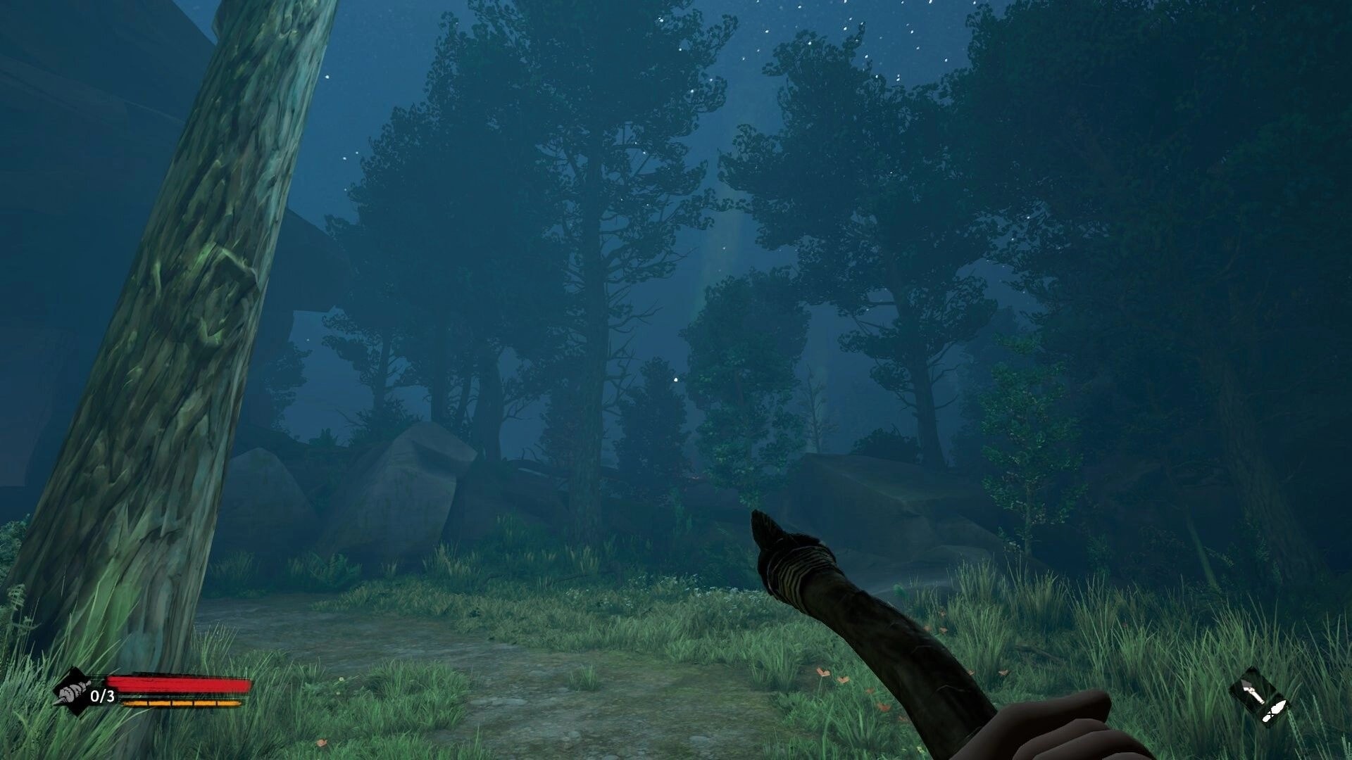 Kiipluu: First-person view holding a spear on a forest path at night with health and ammo UI visible.
