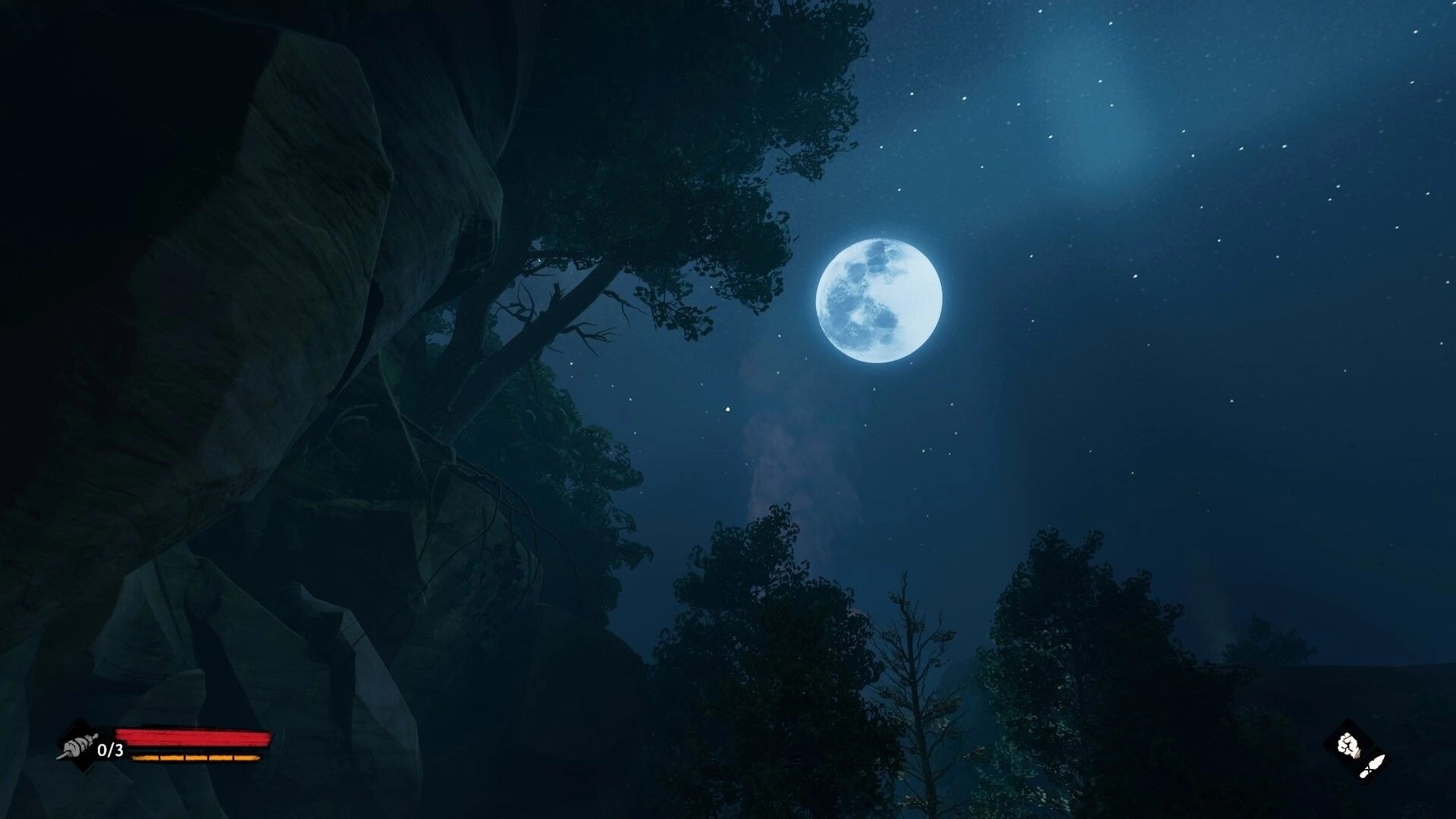 Kiipluu: Full moon over treetops with minimal HUD bars and 0/3 counter in a night forest.