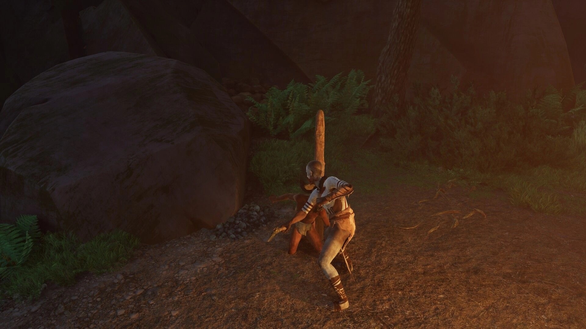 Kiipluu: Two tribal fighters grapple in melee beside a boulder on a forest path at dusk.