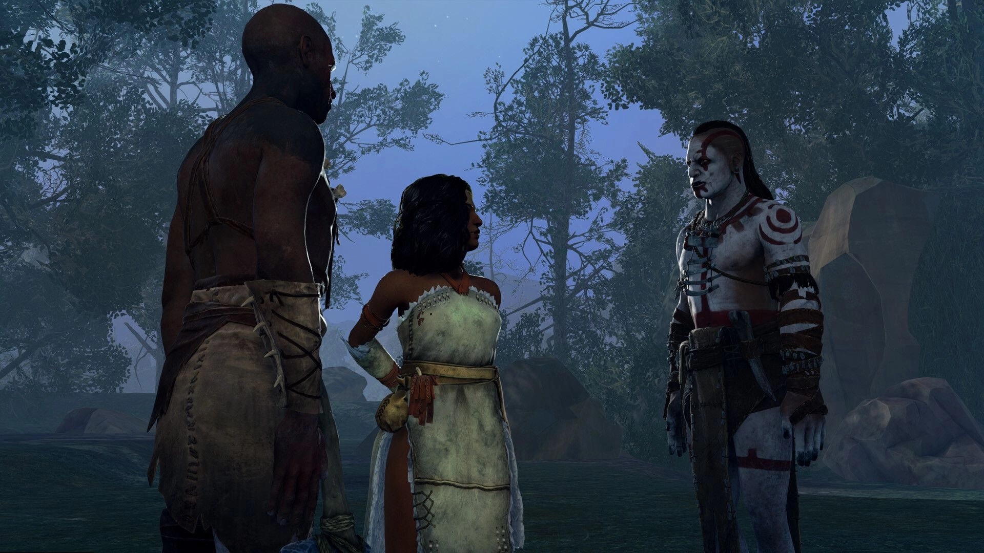 Kiipluu: Three characters in tribal clothing face off in a misty forest clearing at dusk.