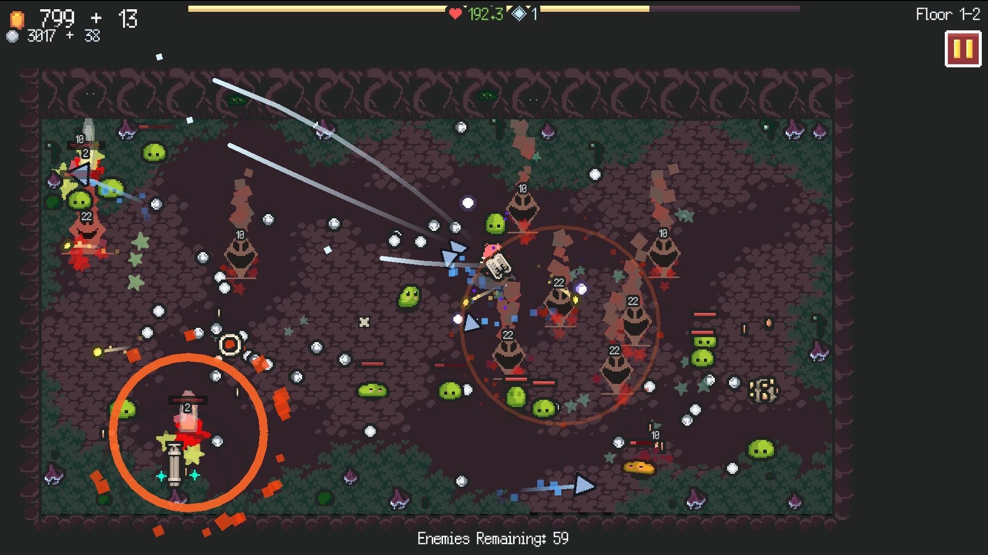 Kin and Conquest: Hero dodges slime swarms and projectiles in a cavern arena, Floor 1-2 UI visible.