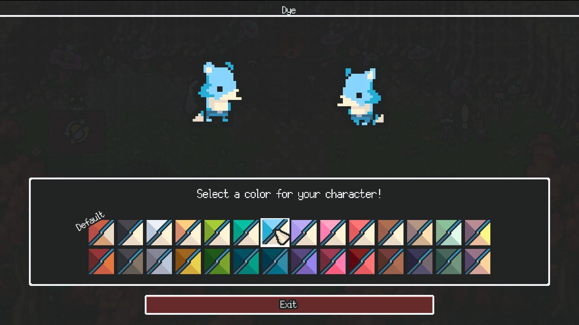 Kin and Conquest: Dye menu with two pixel characters and a color palette grid on dark backdrop.