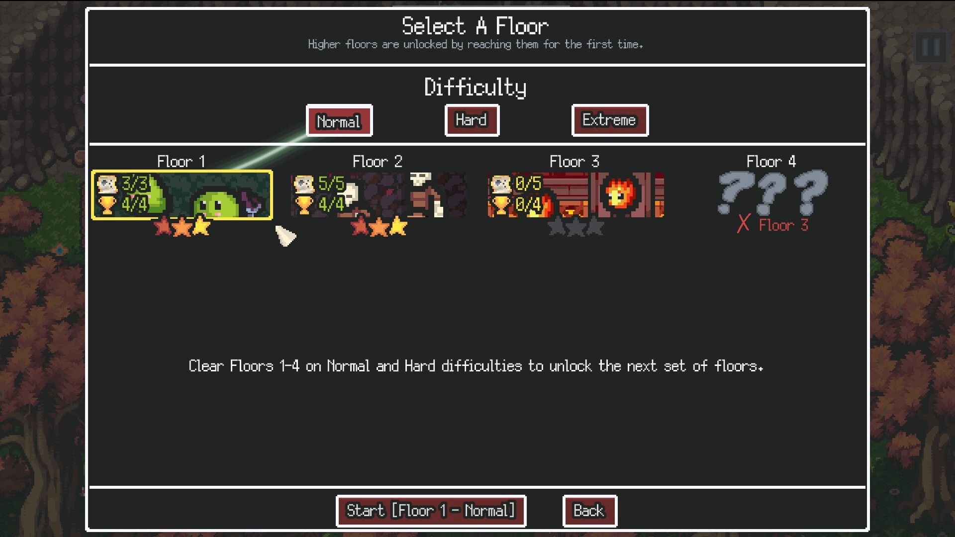Kin and Conquest: Select A Floor menu with Normal/Hard/Extreme buttons and floor progress icons in cave UI.