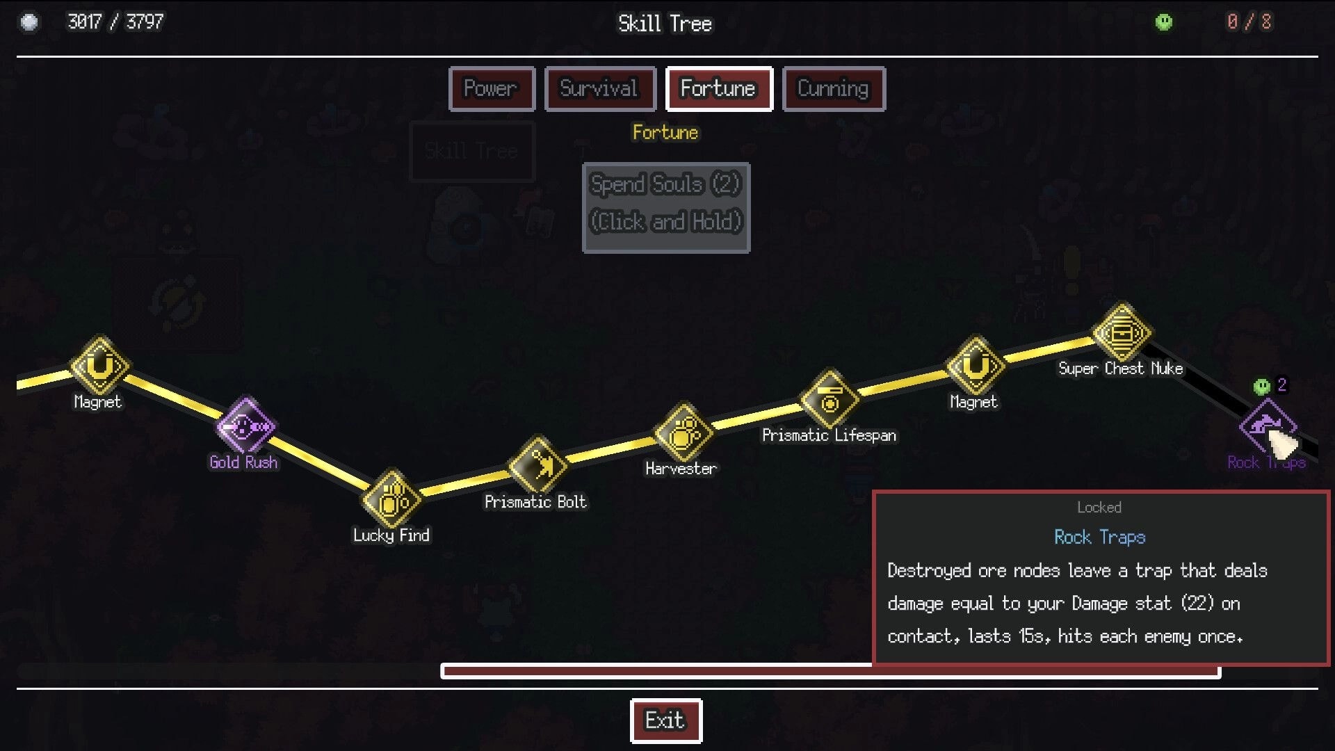 Kin and Conquest: Fortune skill tree with linked nodes and Rock Traps tooltip in menu screen.