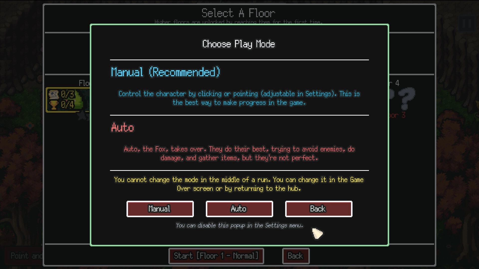 Kin and Conquest: Choose Play Mode popup with Manual (Recommended) and Auto buttons over floor menu.