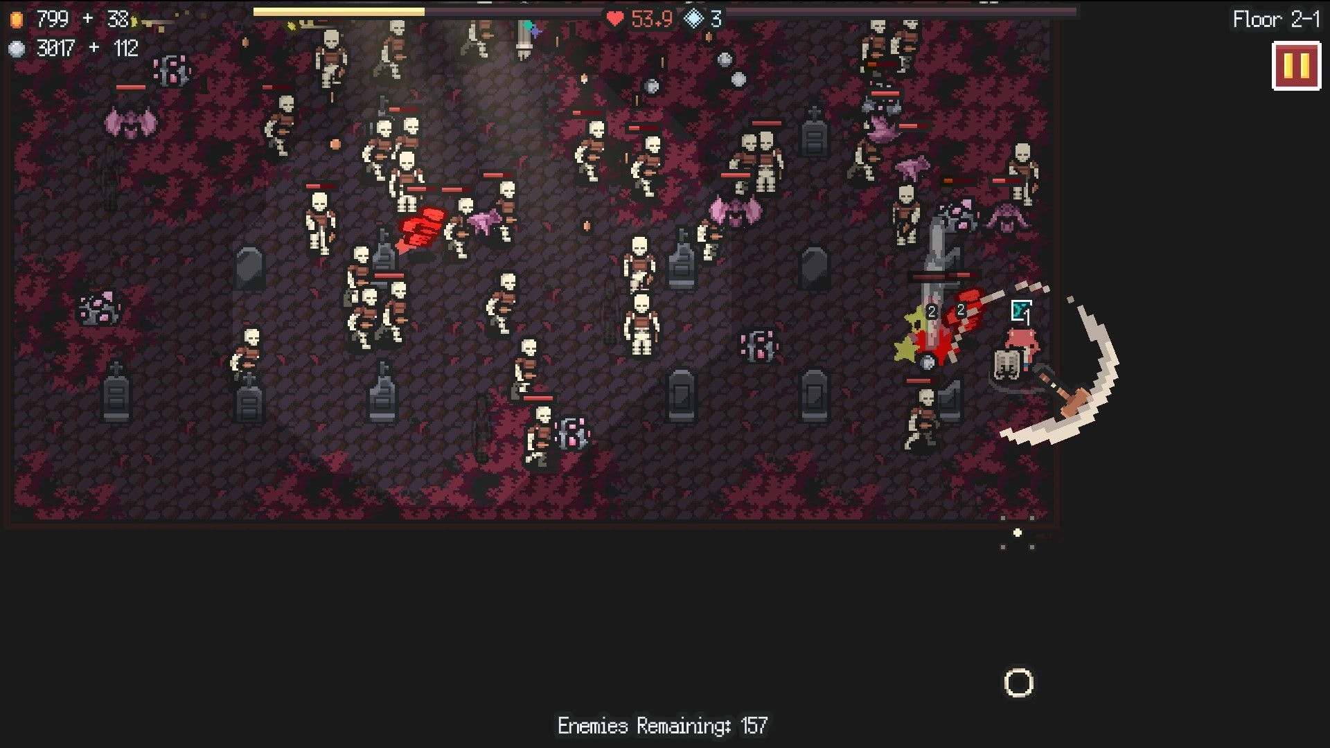 Kin and Conquest: Hero slashes skeleton mobs in a graveyard dungeon, Floor 2-1 HUD and enemies count.