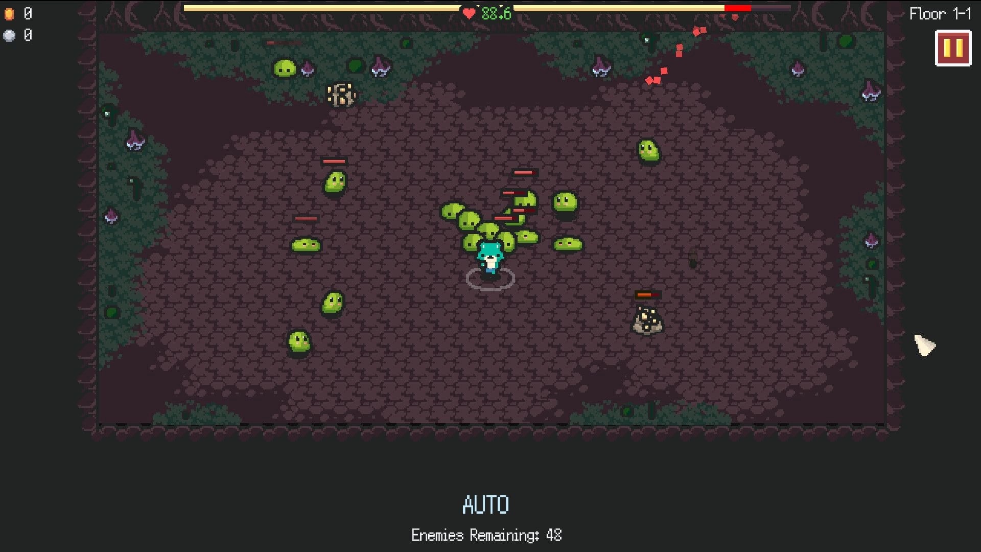 Kin and Conquest: Hero surrounded by green slimes in cave arena, Floor 1-1 and AUTO UI visible.