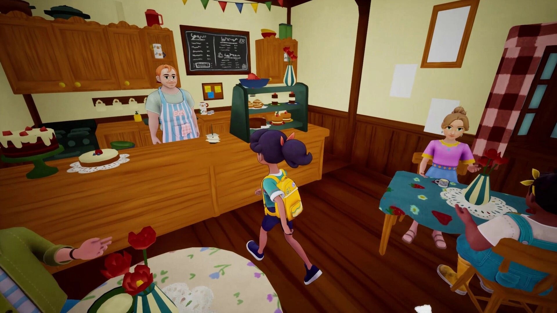 Kioku: Girl with yellow backpack walks past bakery counter with cakes and customers inside cafe.