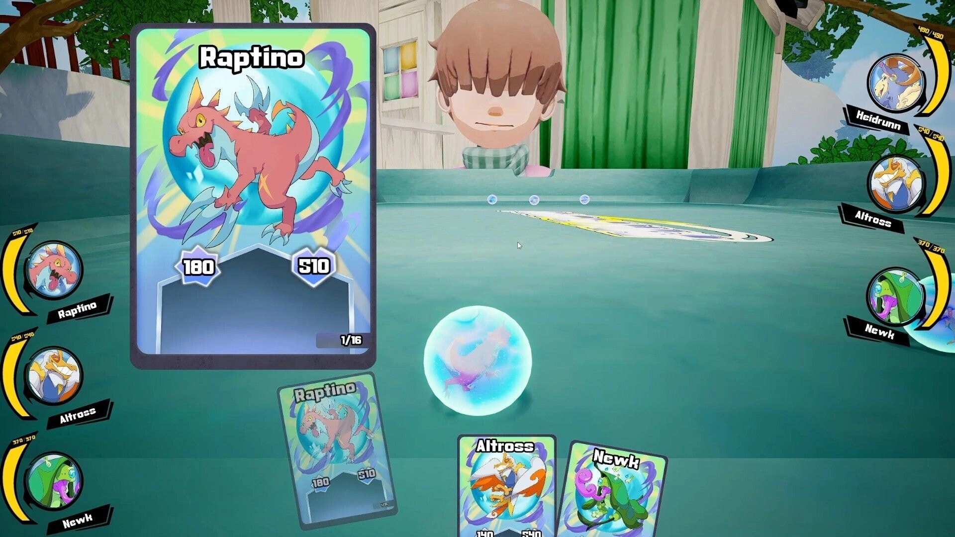 Kioku: Card battle interface with Raptino card enlarged on a tabletop, opponent behind counter.