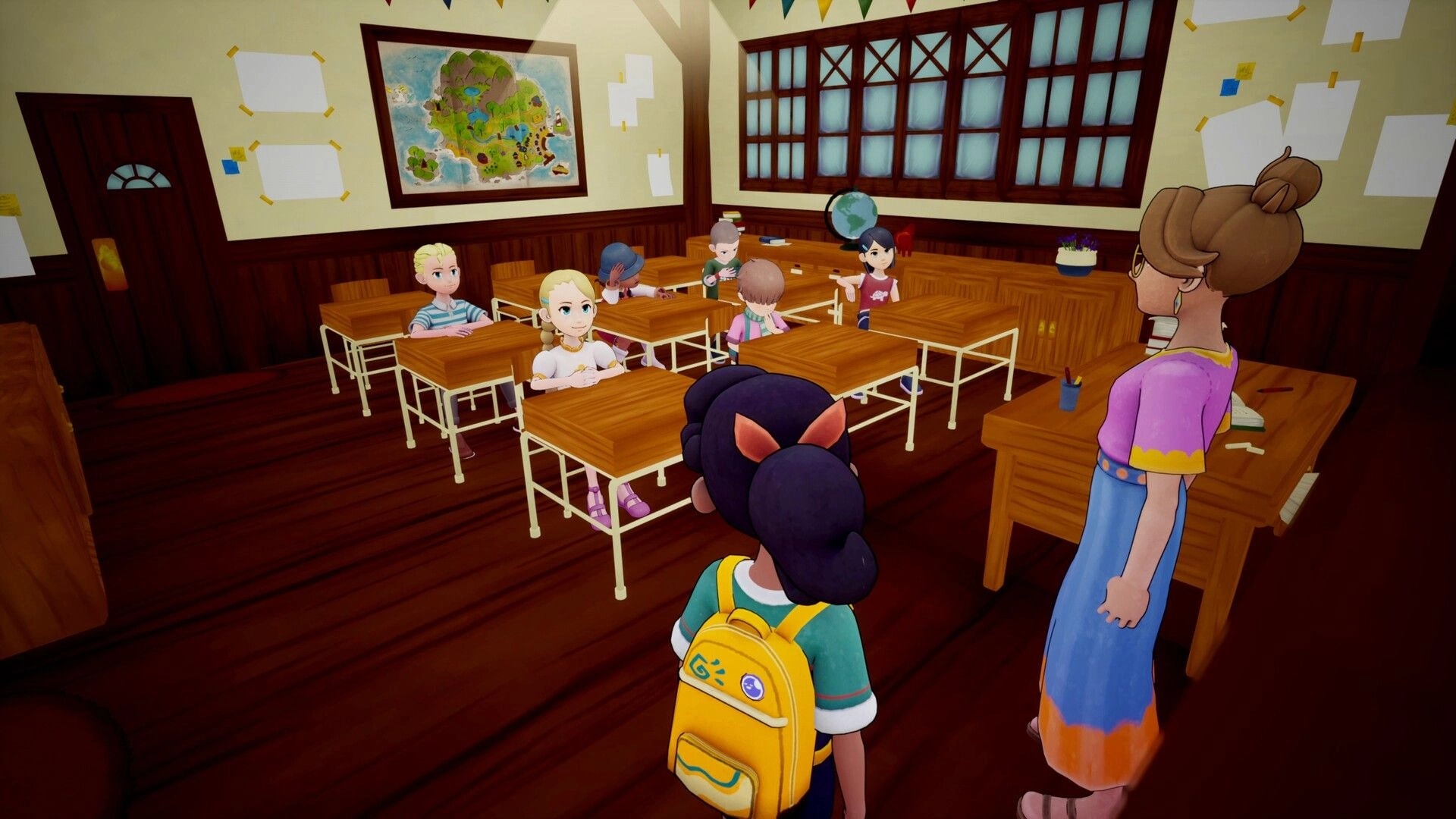Kioku: Girl with yellow backpack faces teacher and classmates in a sunny wooden classroom scene.