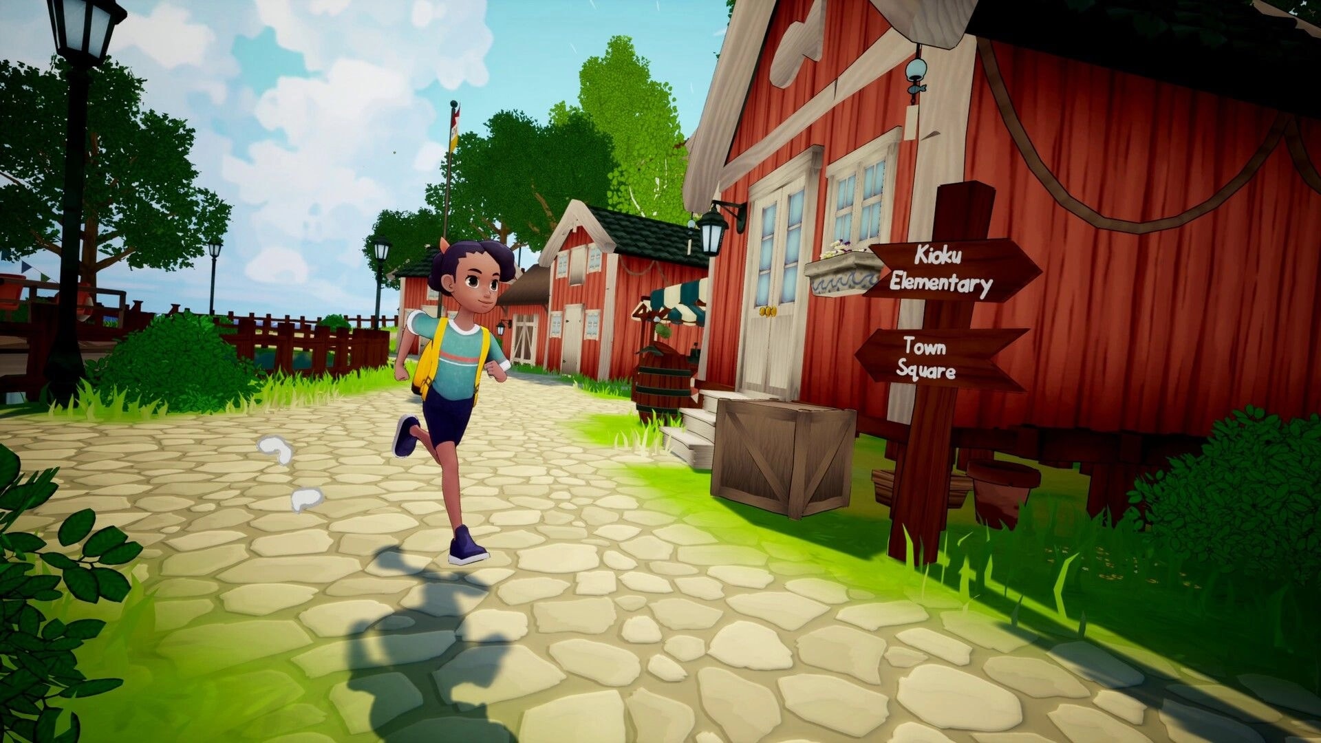 Kioku: Girl runs along cobblestone path past red buildings and signposts for town square.