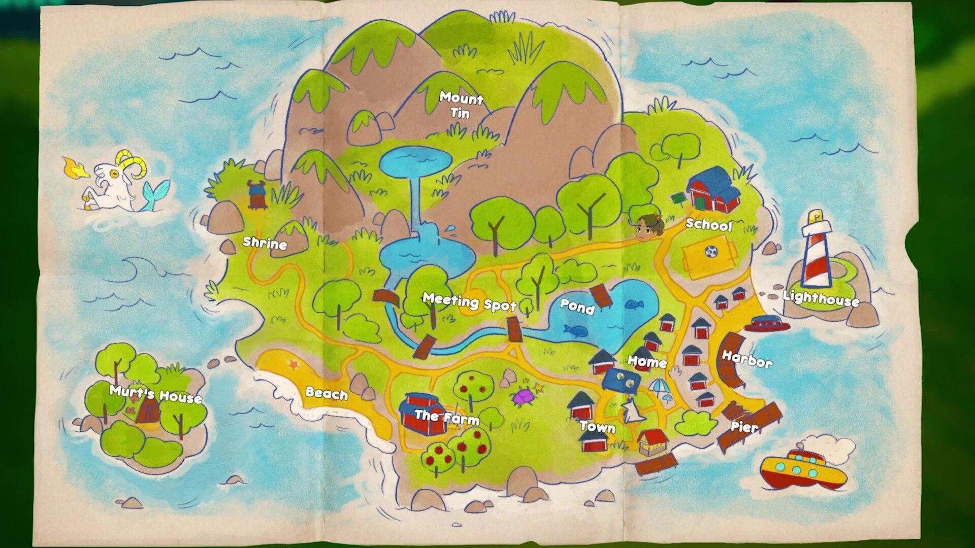 Kioku: Hand-drawn island map with labeled locations like Home, School, Harbor, Lighthouse and Pond.