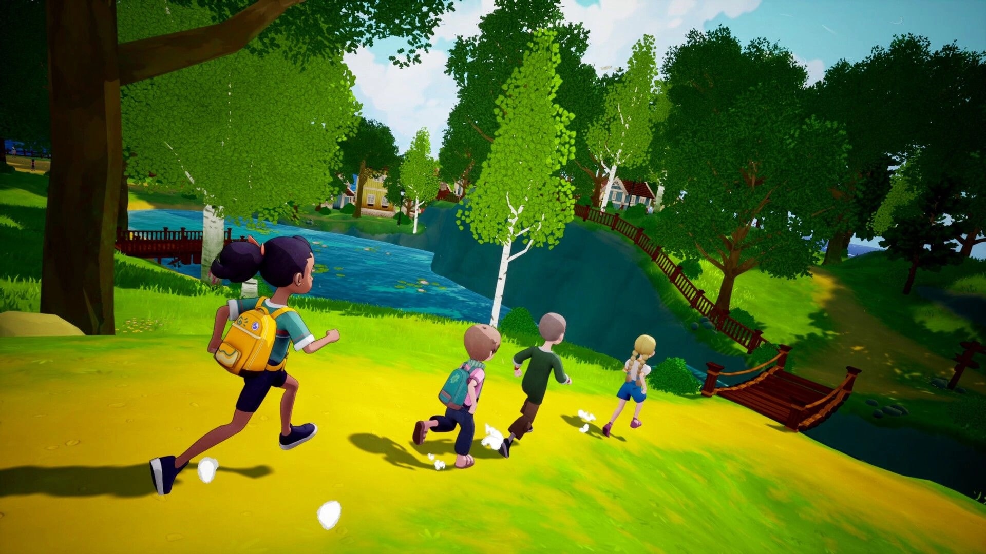 Kioku: Four kids run downhill toward a wooden bridge beside a river in a bright green forest village.