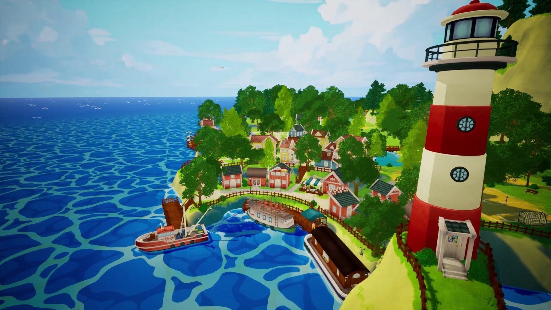 Kioku: Coastal village overview with lighthouse, docks and boats beside colorful houses and trees.