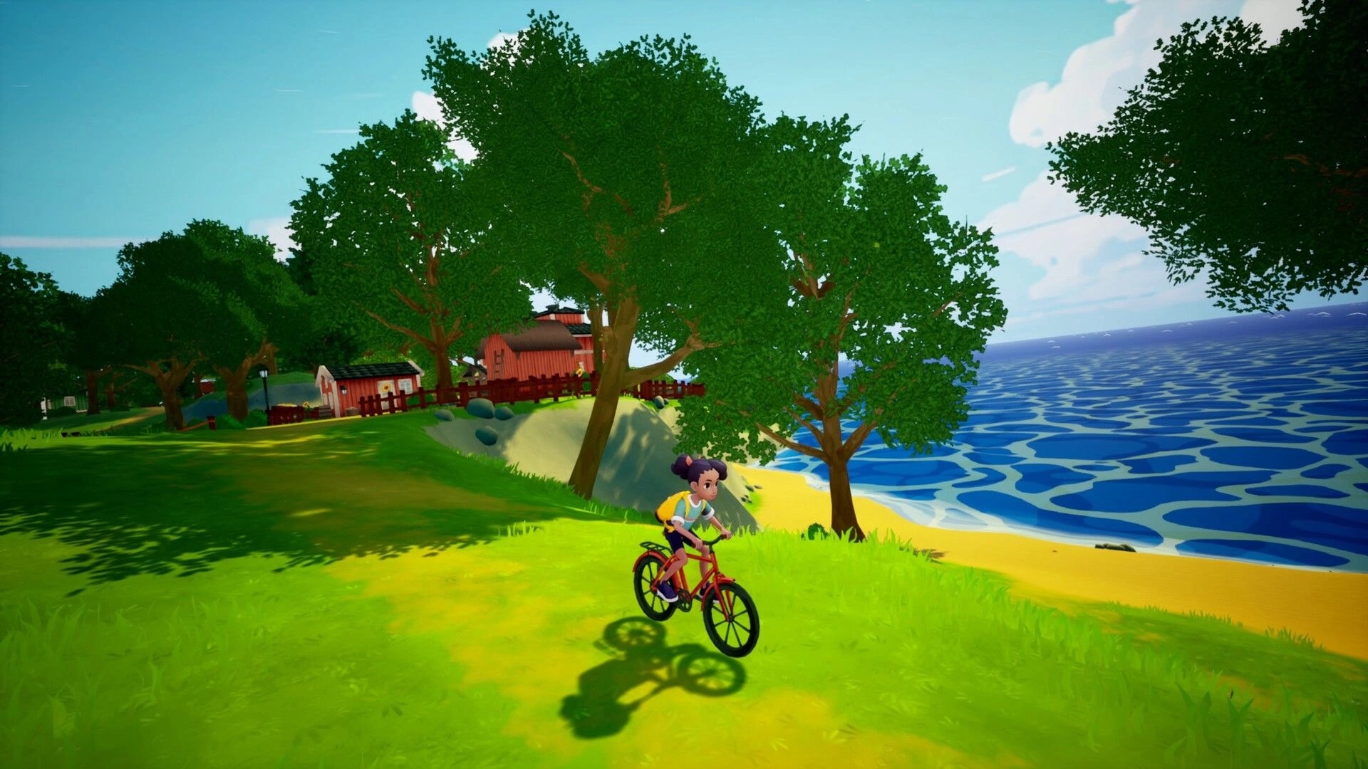Kioku: Girl rides a red bicycle along grassy coast near trees, beach, ocean, and farm buildings.