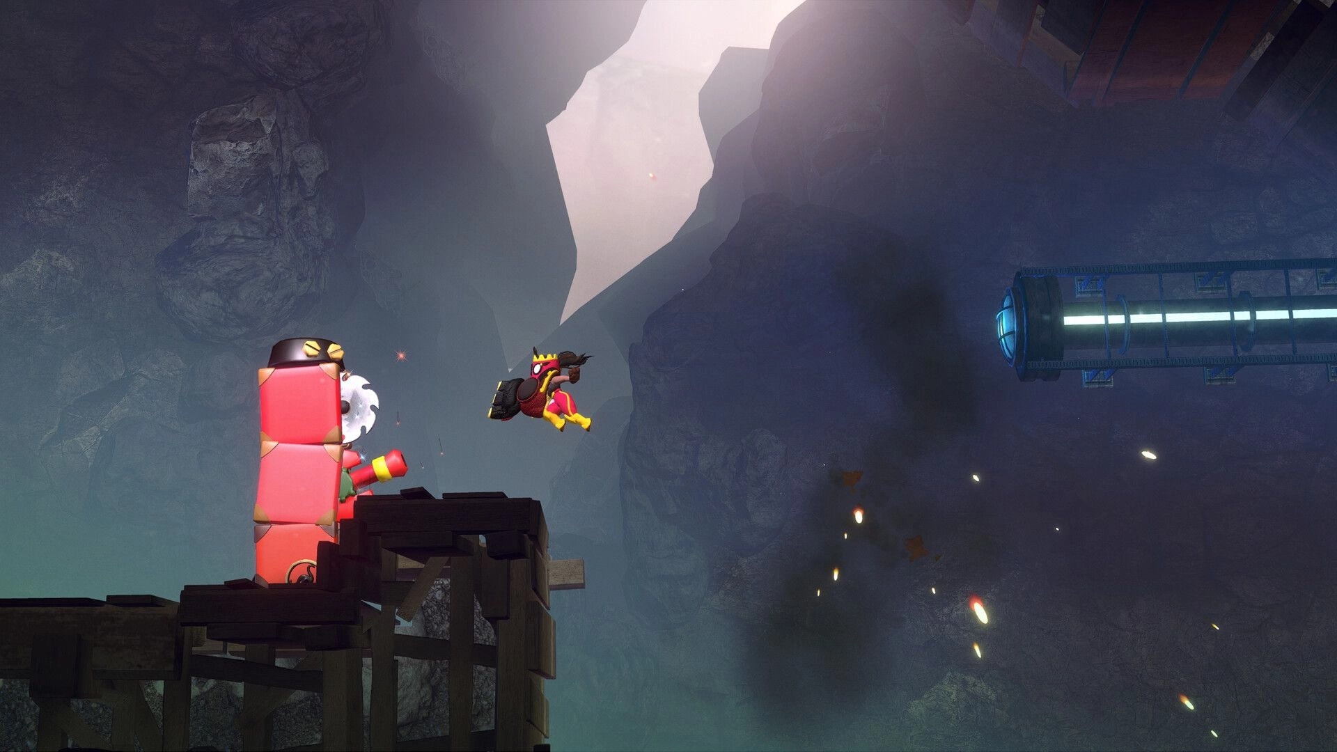 Knuckle Jet: Crowned hero launched from red cannon platform across misty canyon toward glowing tube gate.