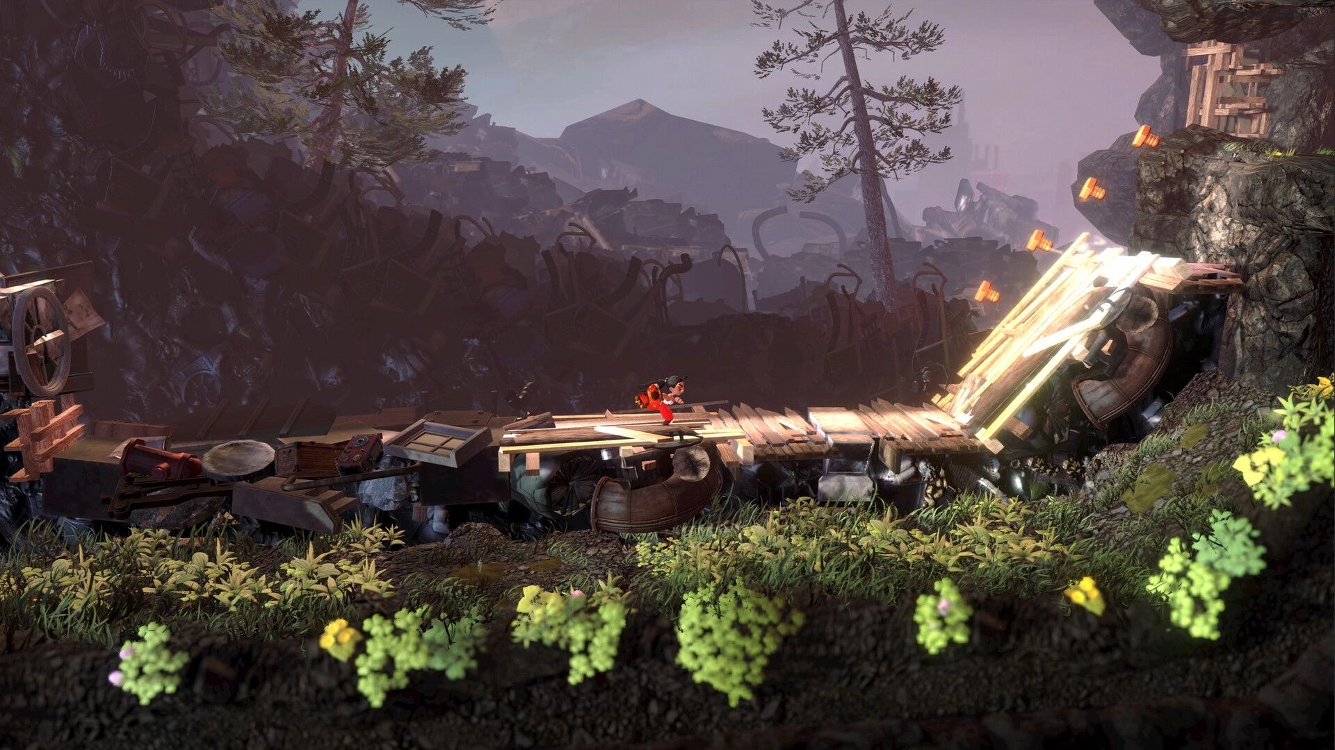 Knuckle Jet: Hero runs across a broken wooden bridge over scrap heaps in a misty junkyard valley.