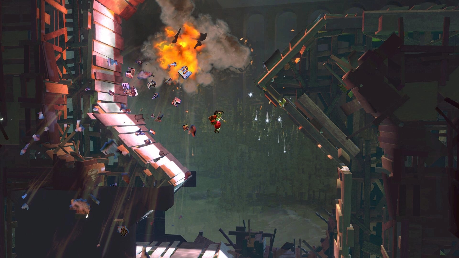 Knuckle Jet: Hero with jetpack dodges a fiery explosion amid collapsing wooden scaffolds in ruins.