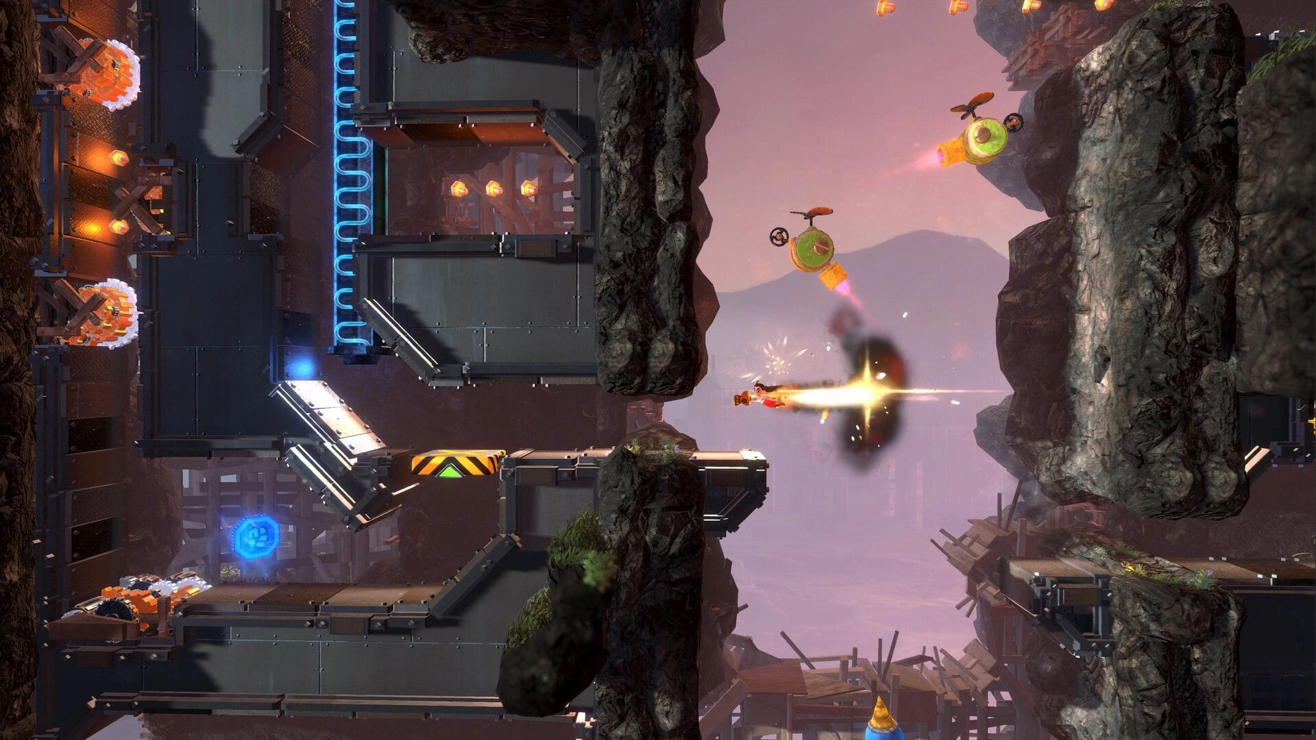 Knuckle Jet: Hero rocket-punches between cliffs past hovering drones in a metal platforming canyon.
