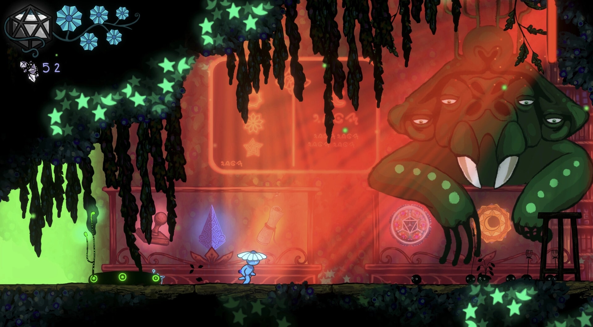 Kuzo: Blue mushroom-hat character explores neon cavern under vines beside a huge sleepy monster UI counter 52.