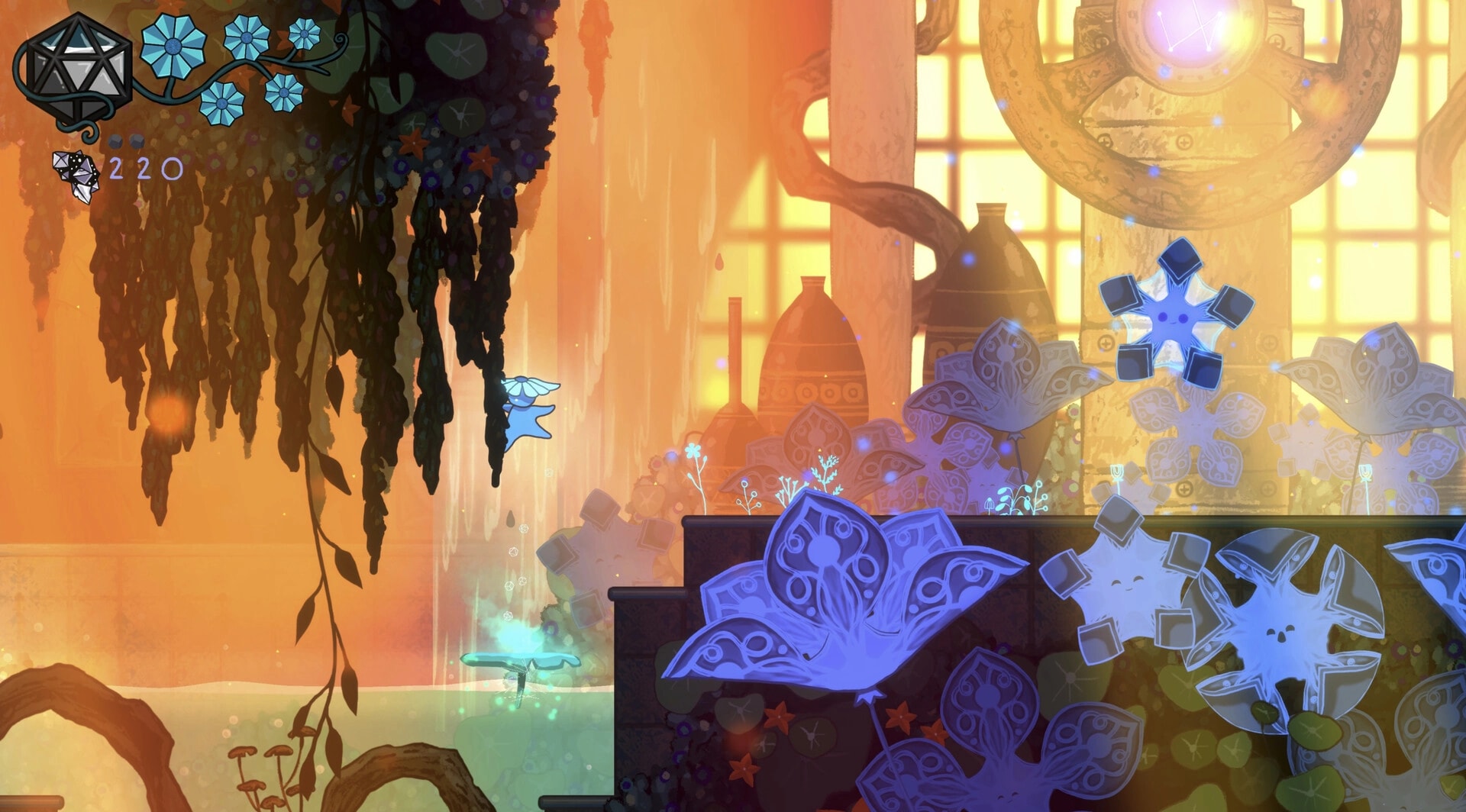 Kuzo: Blue cloaked character glides past glowing flowers in golden ruins, gem counter at top left.