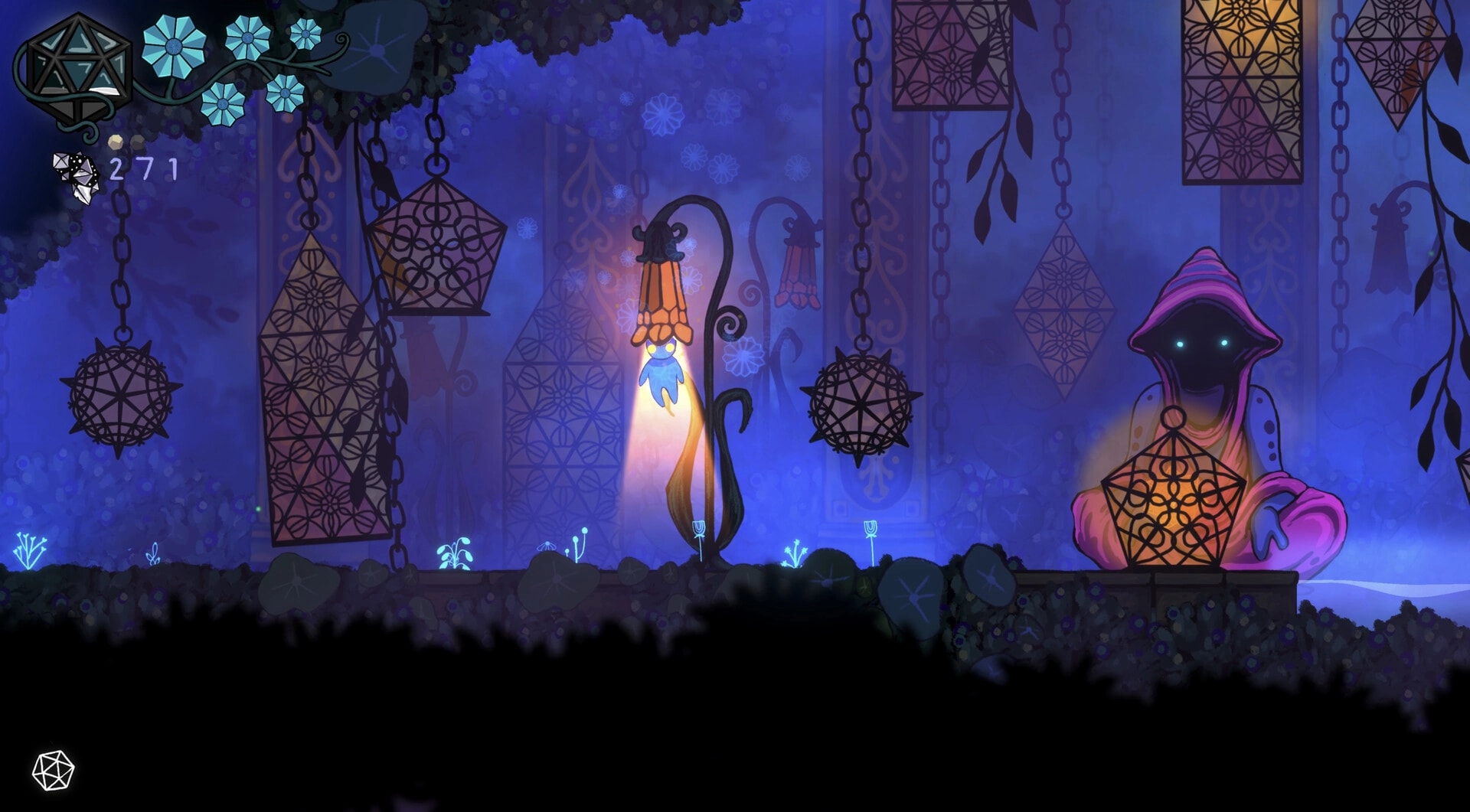 Kuzo: Blue sprite hovers by a streetlamp in a lantern-filled cavern with gem and flower UI icons.