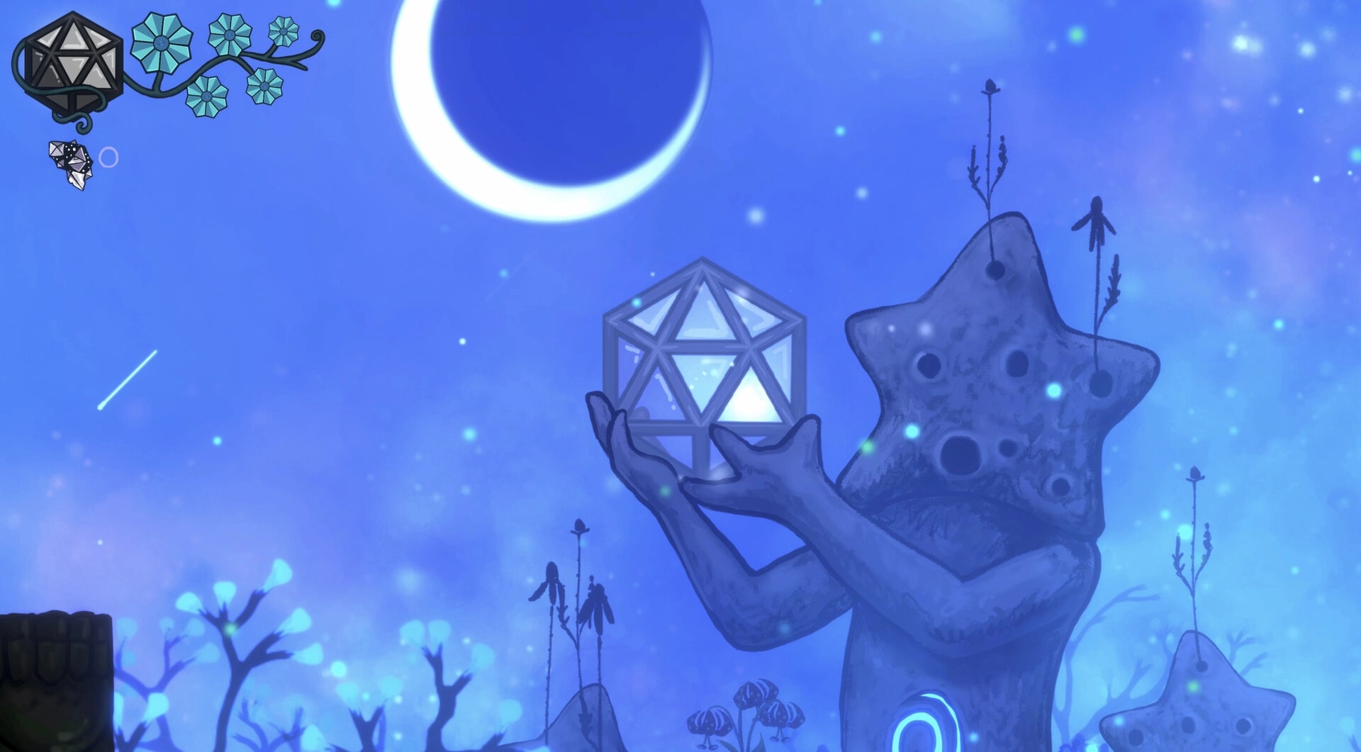 Kuzo: Floating crystal avatar near HUD icons, facing statue holding a glowing die under crescent sky.
