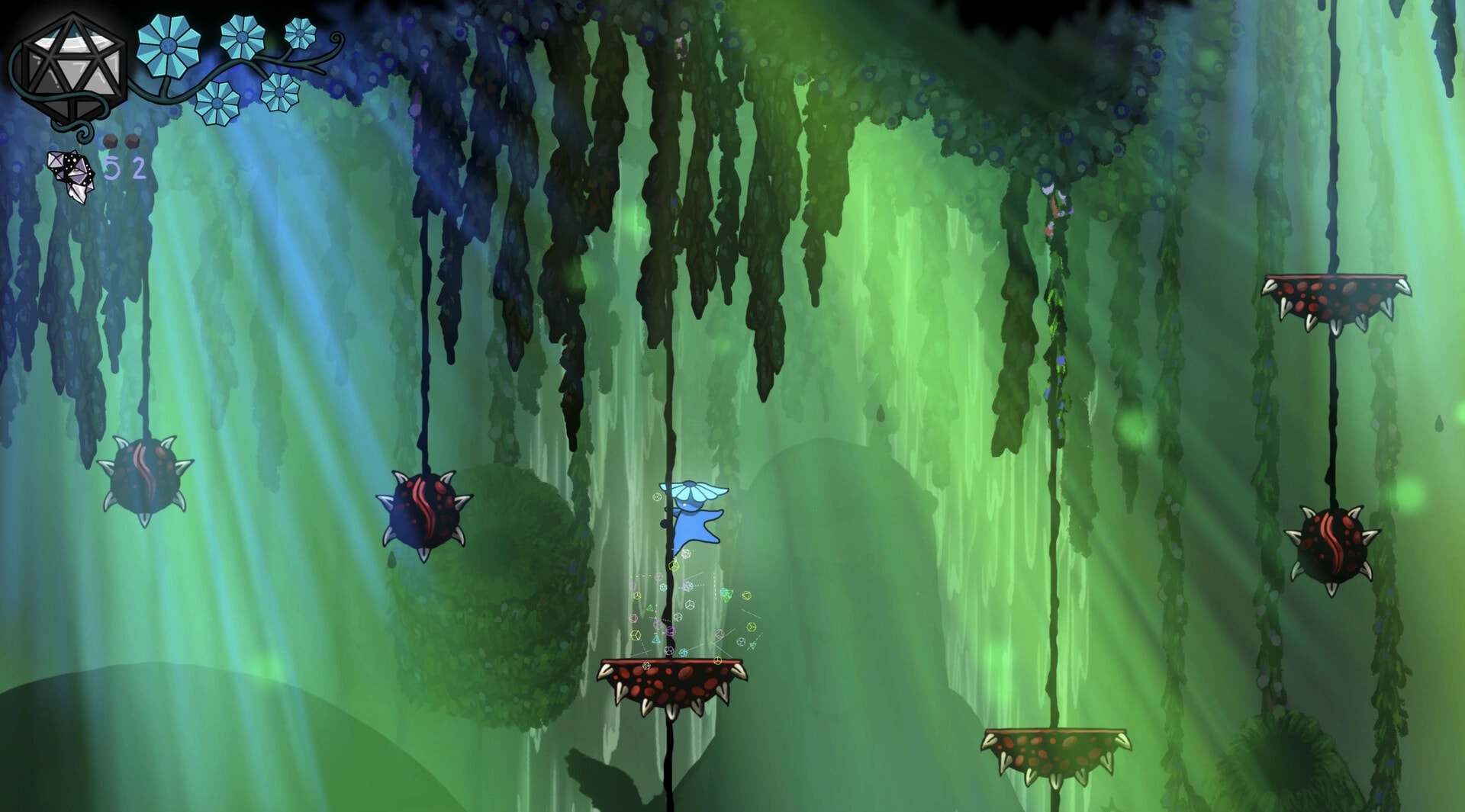 Kuzo: Blue cloaked character jumps between spiked platforms in misty green cave with HUD icons.