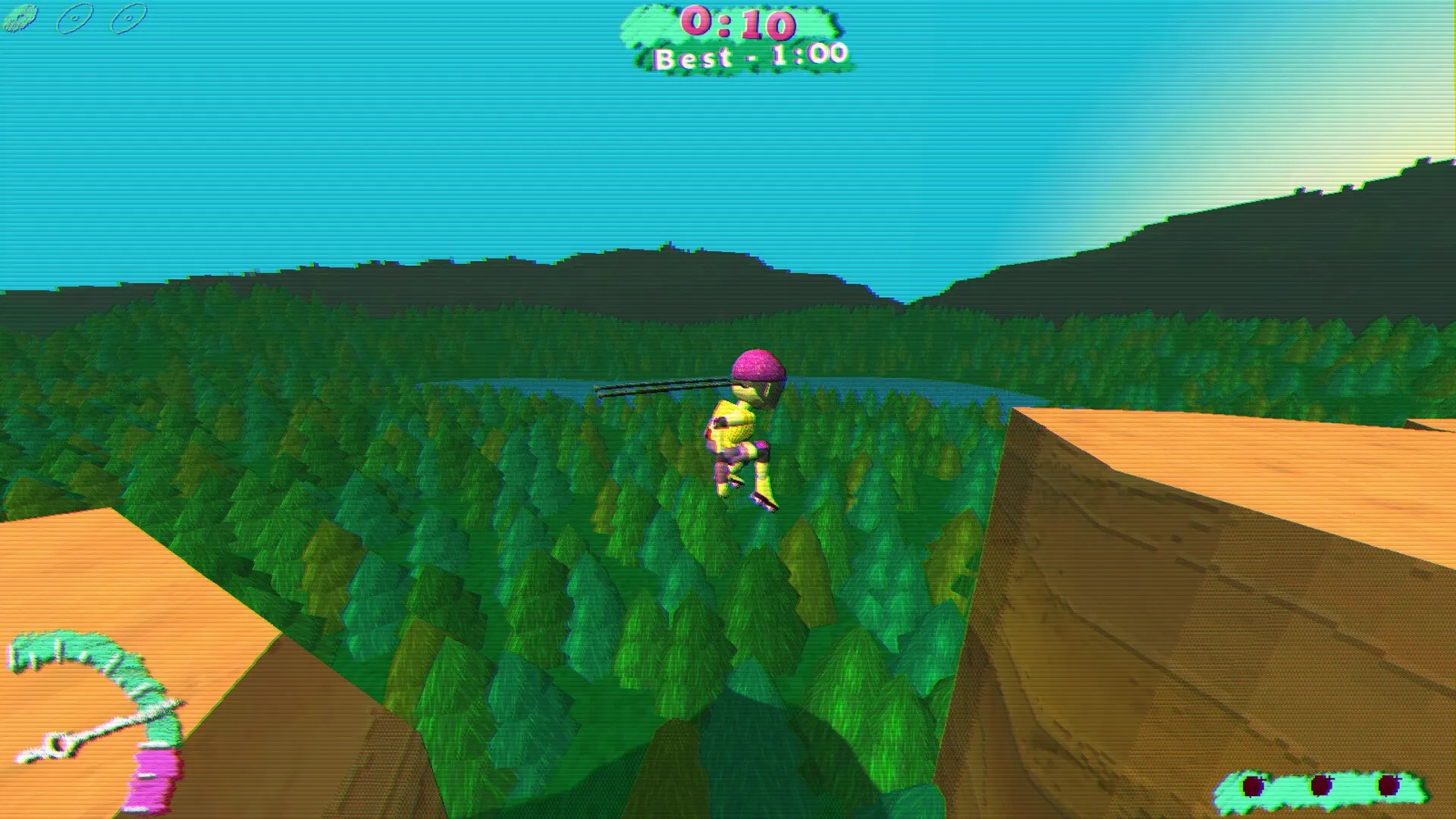 L8R SK8R: Player character performs a jump between cliffs above a dense forest with timer displayed.