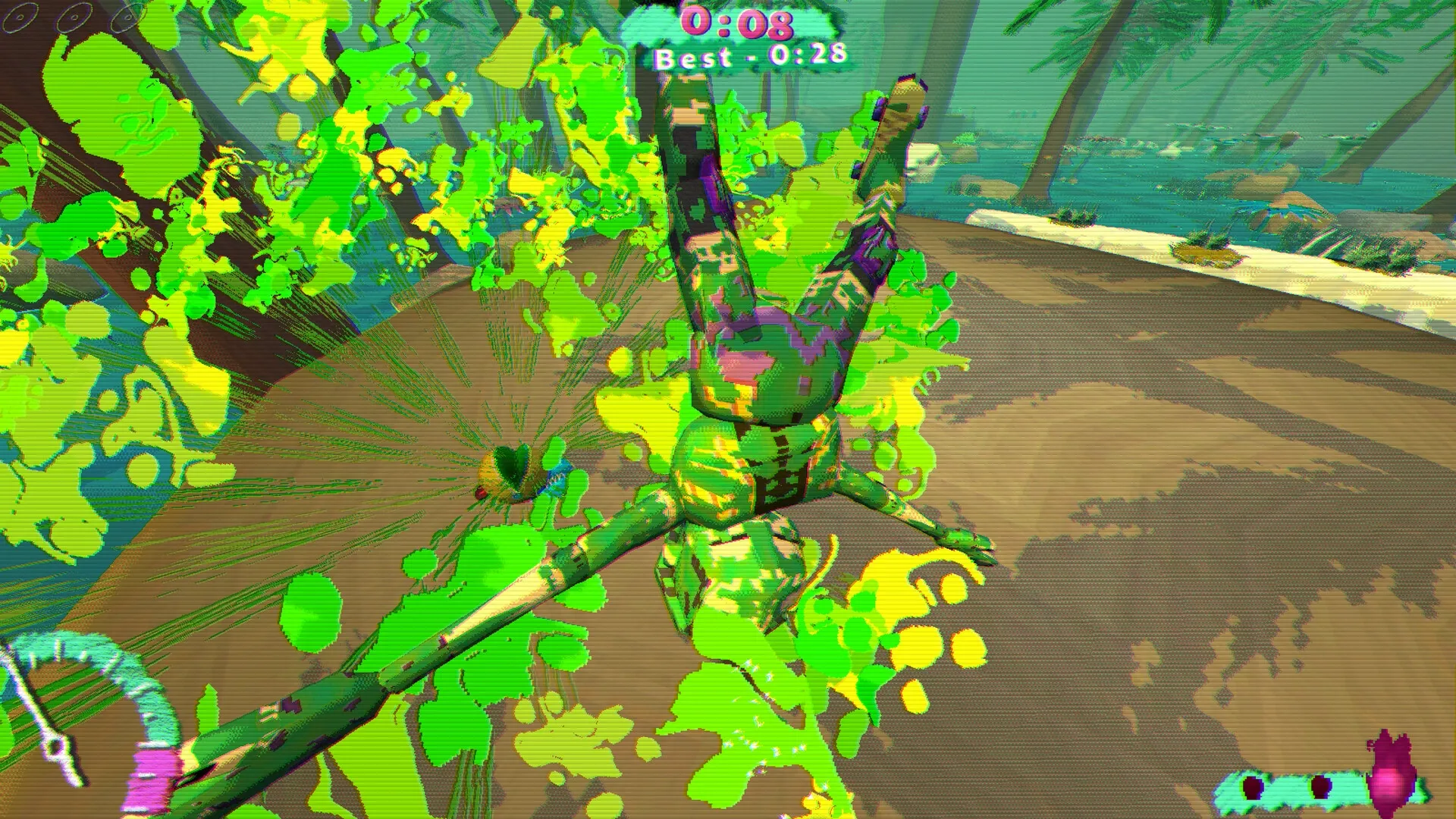 L8R SK8R: Skater mid-flip with vibrant paint splashes in a lush forest environment, timer at 0:08