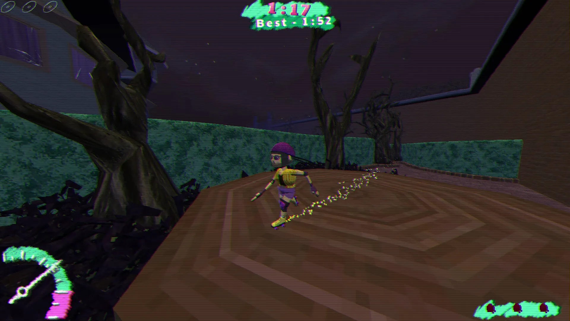 L8R SK8R: Character skating on wooden path with timer and speedometer UI in eerie, dark forest setting