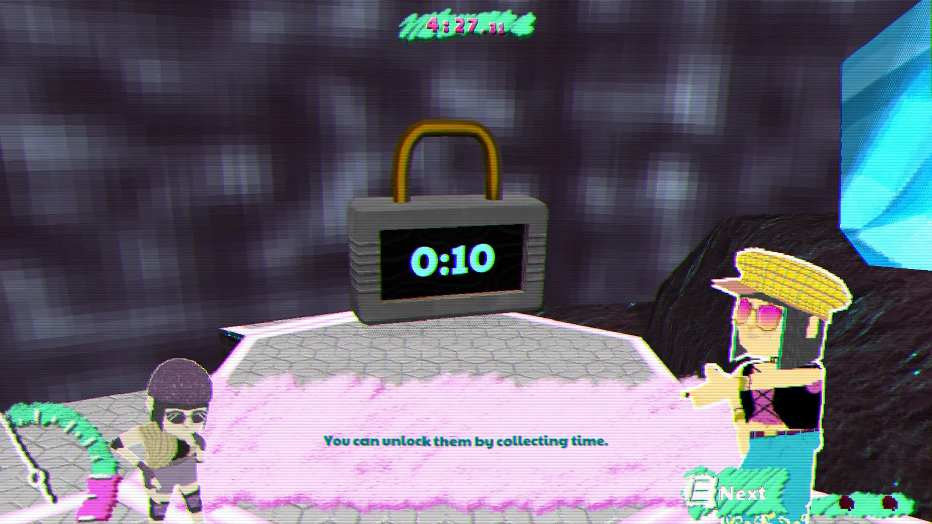 L8R SK8R: Characters near digital timer lock on hexagonal platform with text "collecting time"