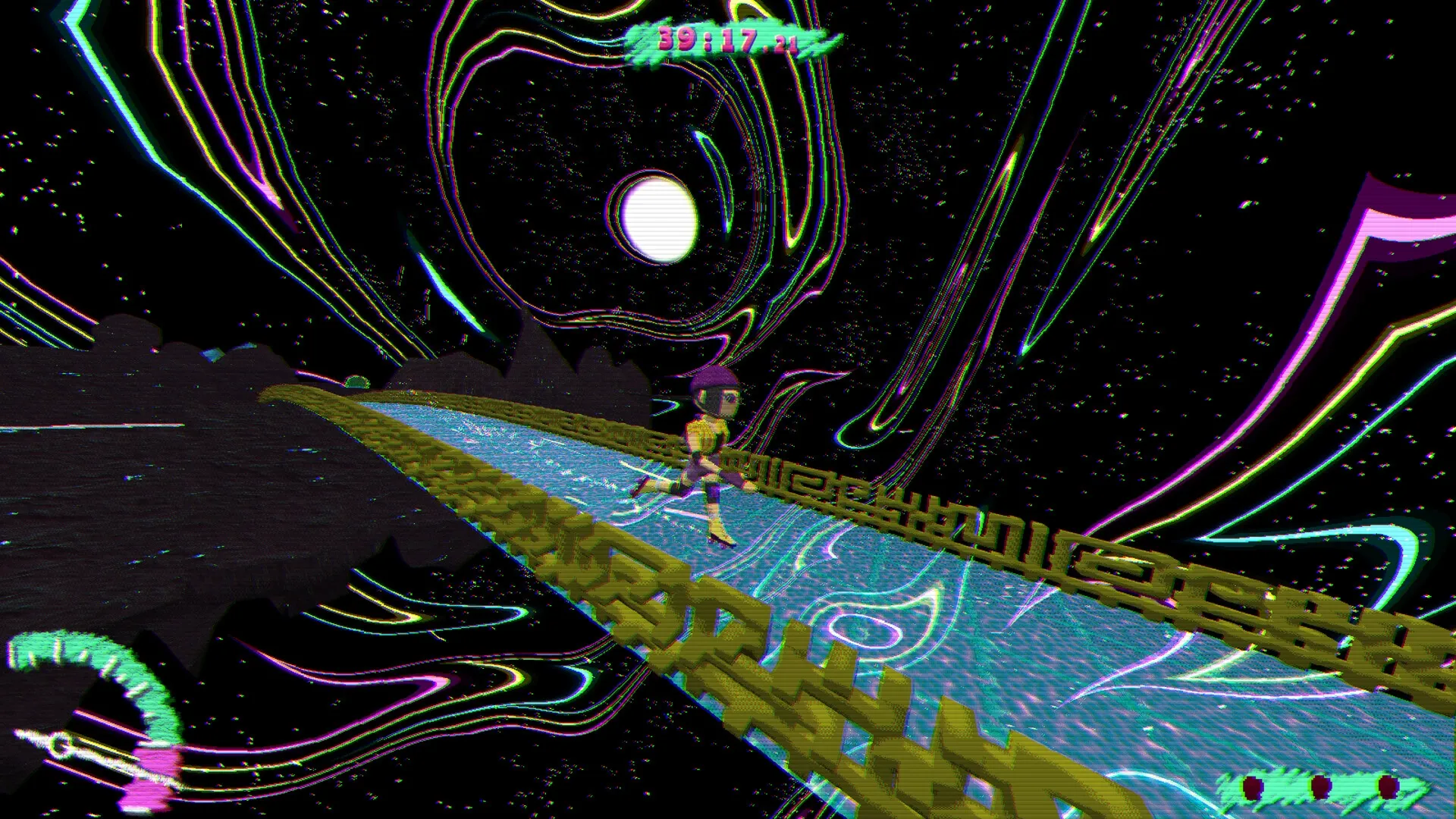 L8R SK8R: Character runs on neon-lit track in a psychedelic space environment with swirls and stars