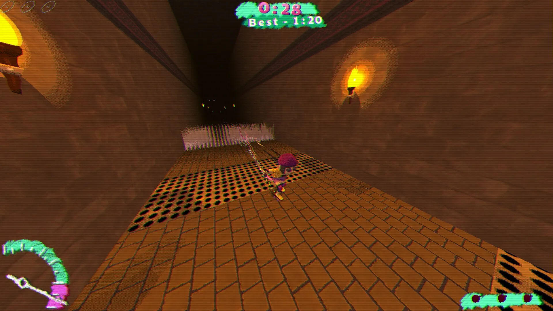 L8R SK8R: Character skateboarding through a dimly lit tunnel with glowing UI timer at top center