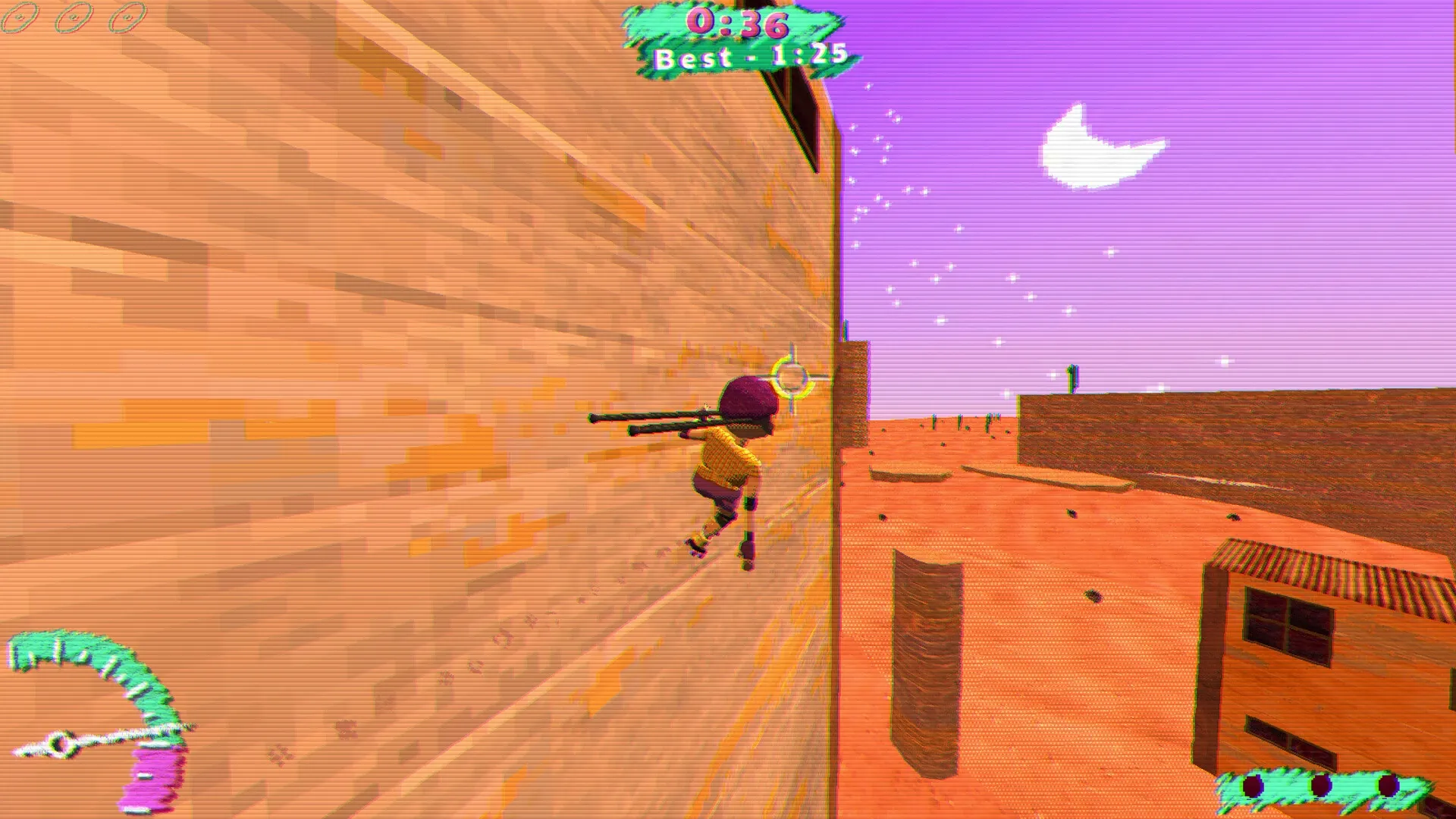 L8R SK8R: Player wall-riding in desert level with timer and speedometer displayed against dusk sky