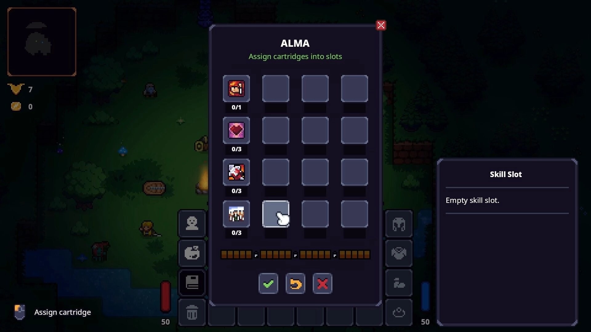 Lands of Fury: ALMA cartridge assignment menu with empty skill slots over a dark forest camp scene.