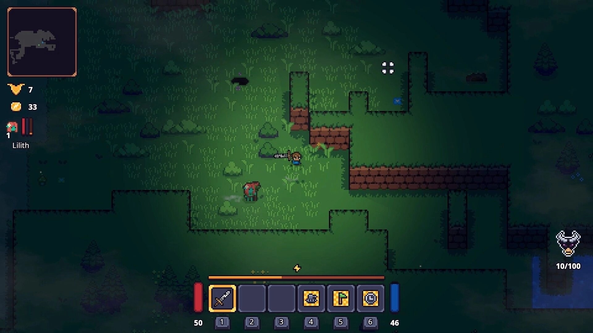 Lands of Fury: Top-down hero aims sword near Lilith companion in grassy ruins with hotbar UI.