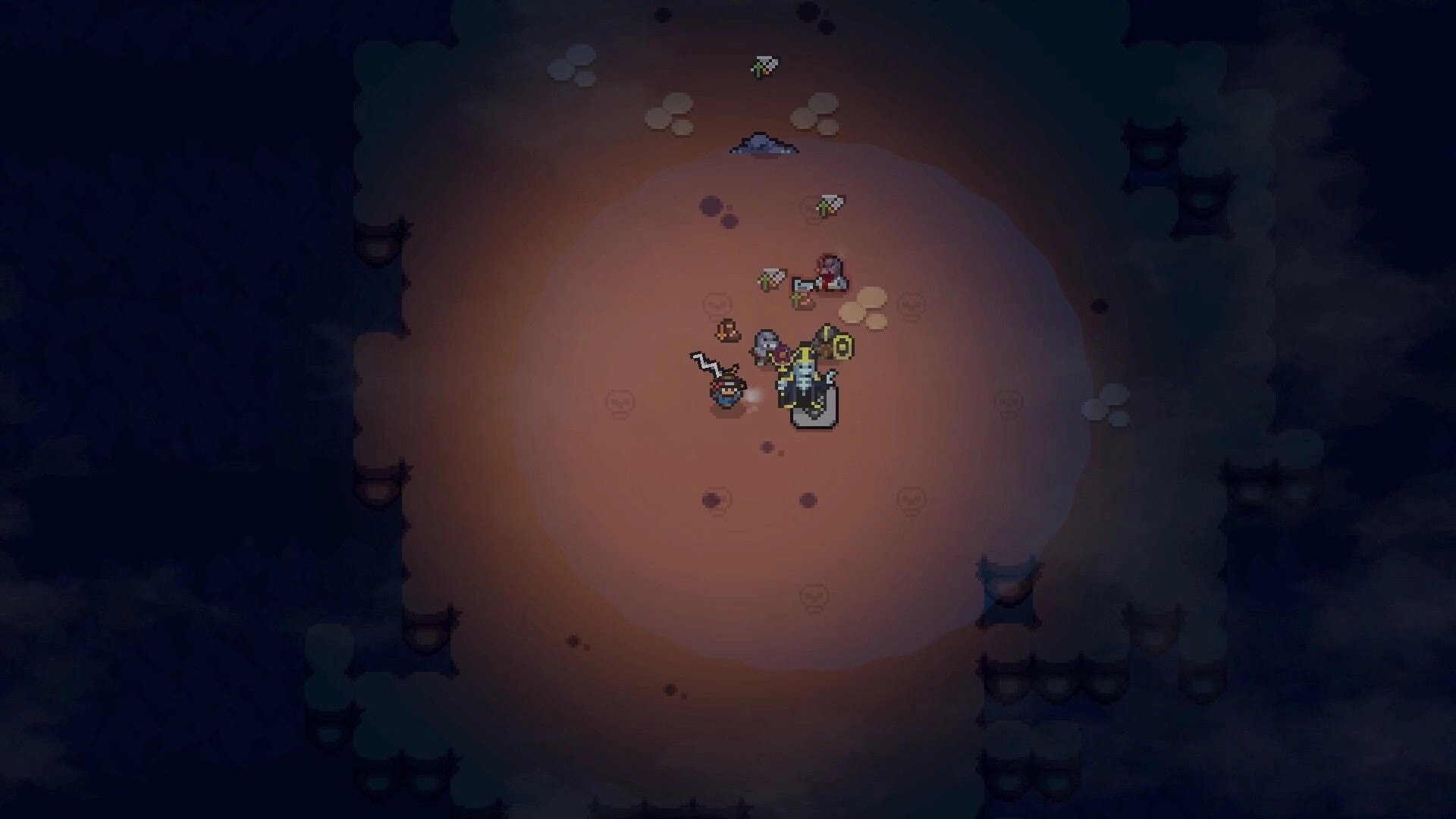 Lands of Fury: Top-down party battles a shielded knight in a torchlit snowy cave arena at night.
