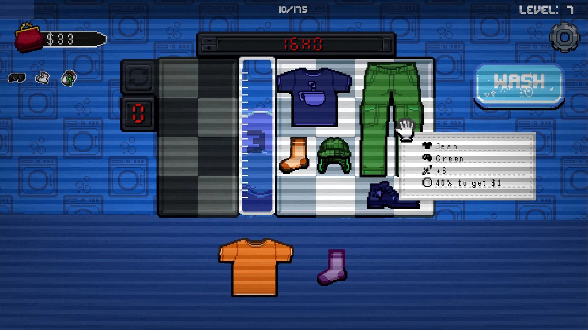 Lavatro: Sorting clothes in washing machine UI with jeans tooltip and WASH button on blue backdrop.