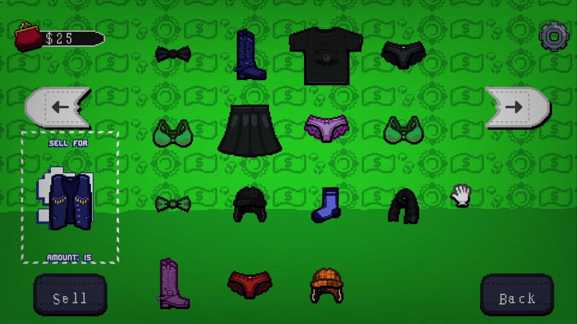 Lavatro: Clothing shop sell screen with $25, item grid, jacket for sale, and Sell/Back buttons.