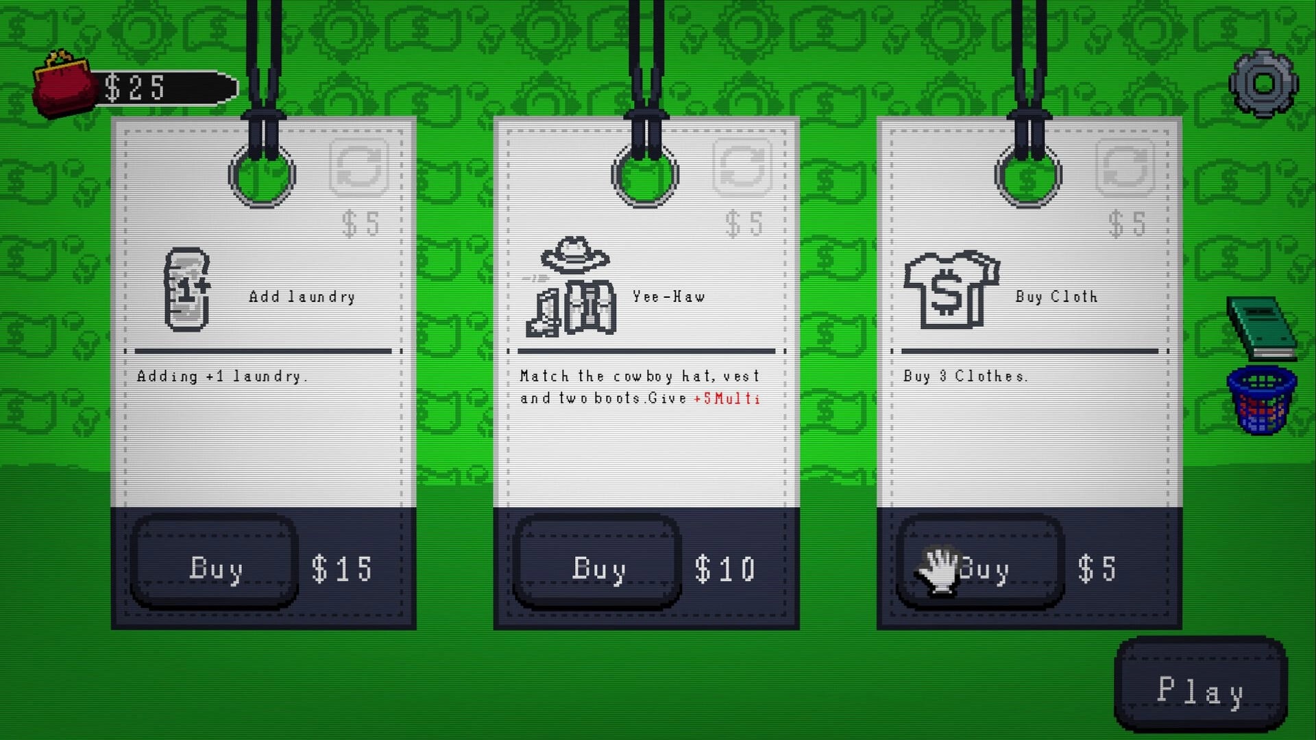 Lavatro: Shop screen with three hanging cards to buy laundry, Yee-Haw perk, and cloth on green backdrop.