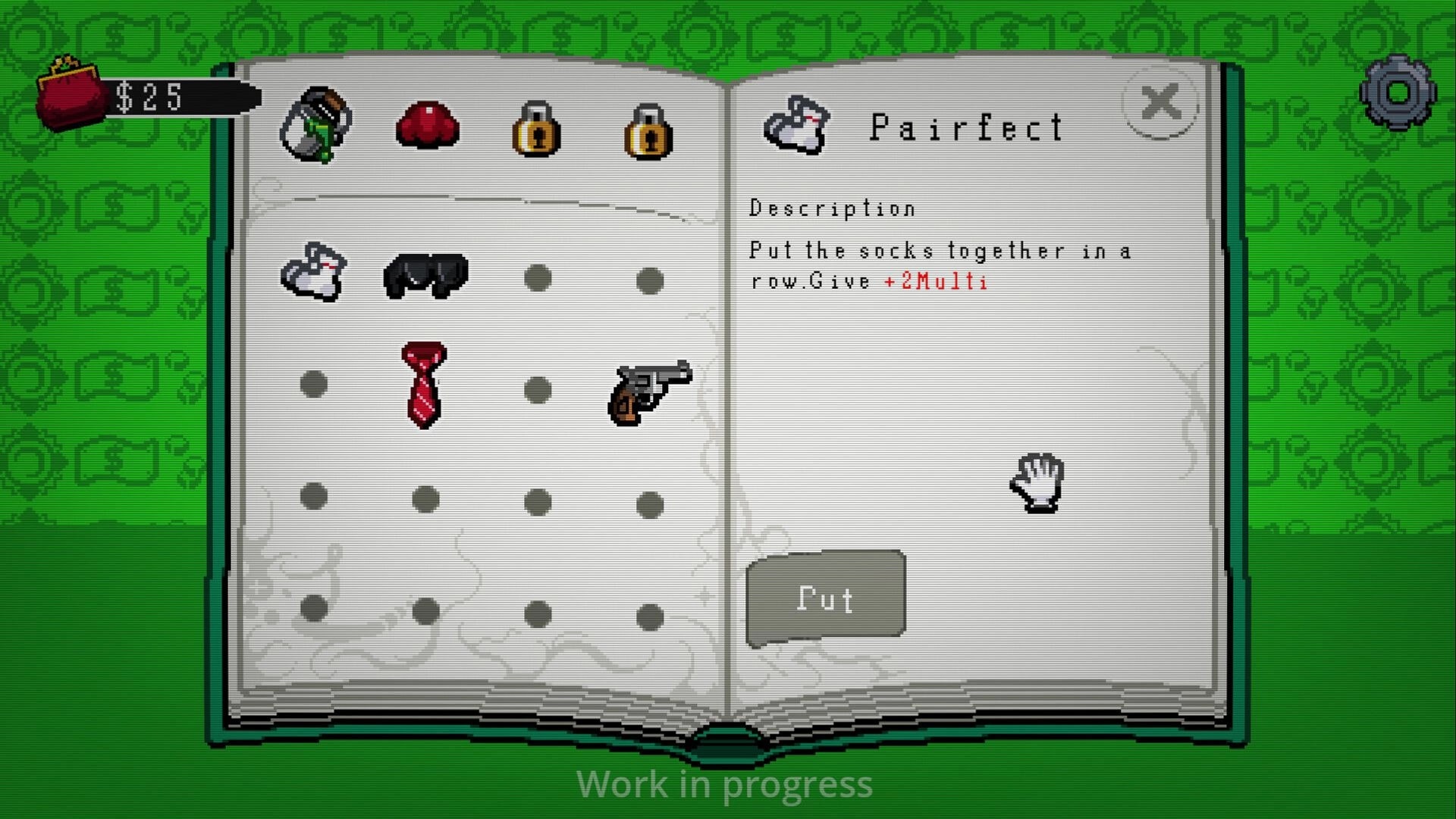 Lavatro: Open perk book UI with Pairfect description and clothing icons on a green patterned background.