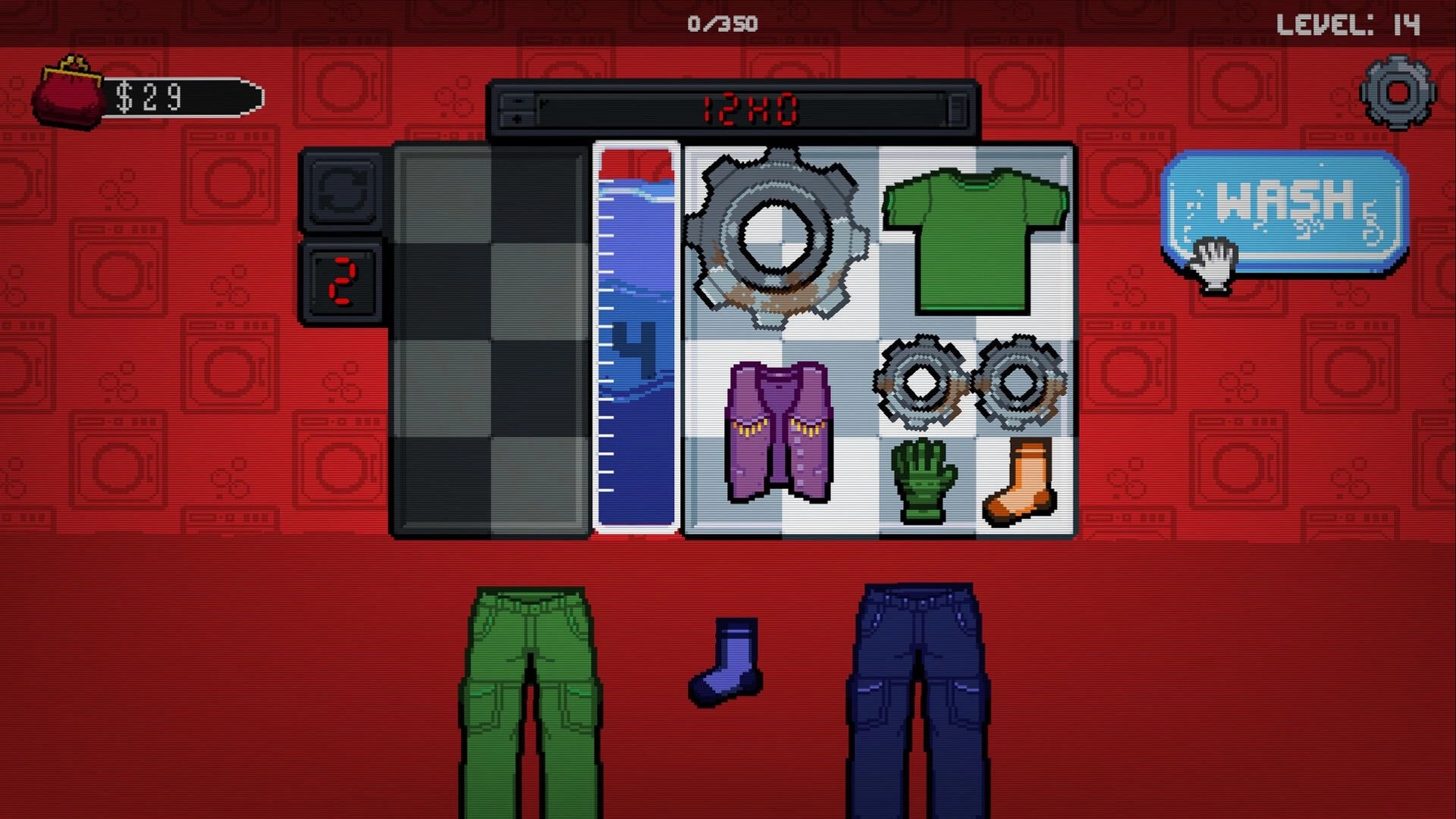 Lavatro: Washing machine loadout with shirts, gears, glove and sock, blue WASH button on red UI.