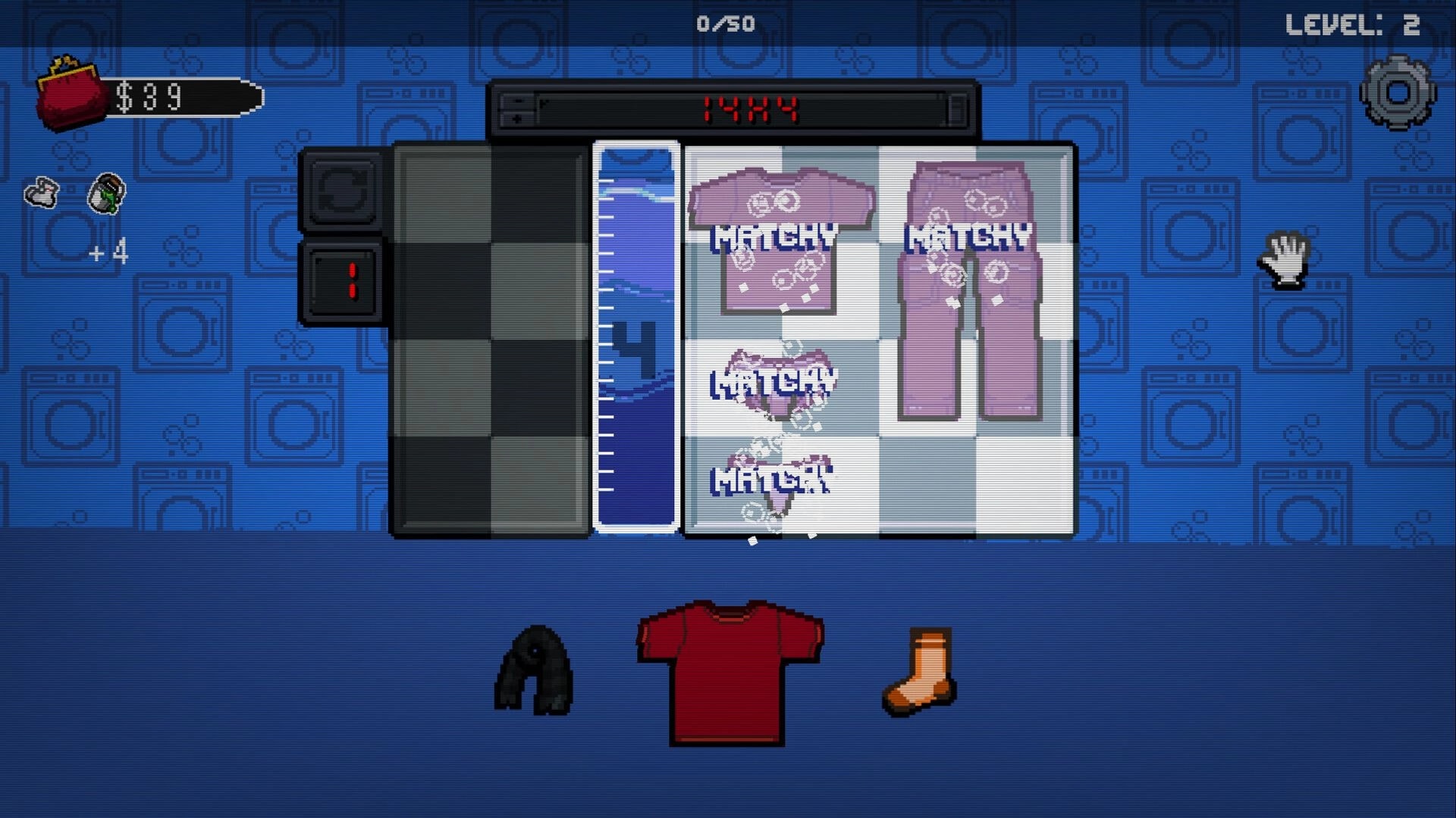 Lavatro: Washing machine UI with soapy matching shirt and pants, level 2 and $89 on blue backdrop.