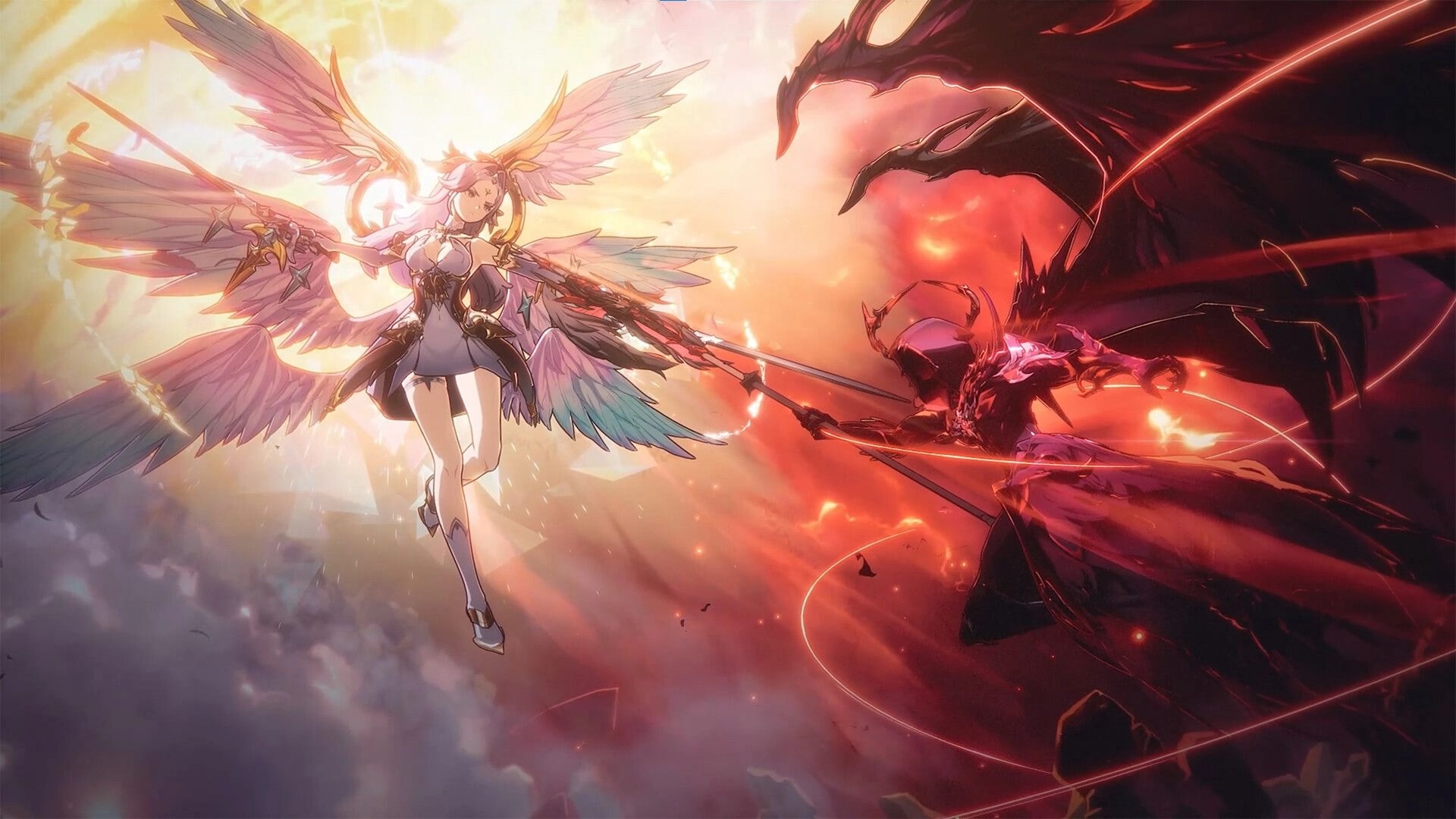 LIMIT ZERO BREAKERS: Winged characters clash in aerial combat amidst a fiery sky on floating islands