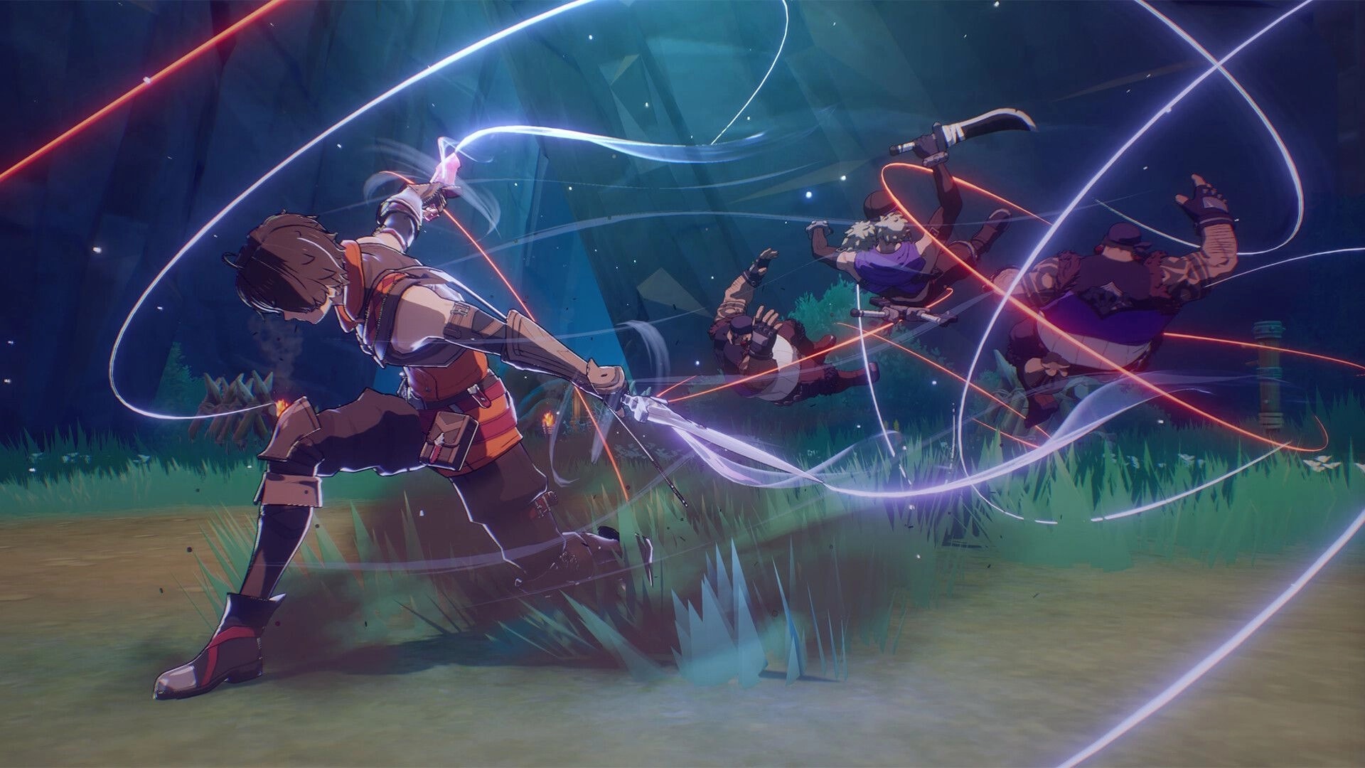 LIMIT ZERO BREAKERS: Breaker unleashes glowing sword attack on enemies in a grassy, misty battlefield