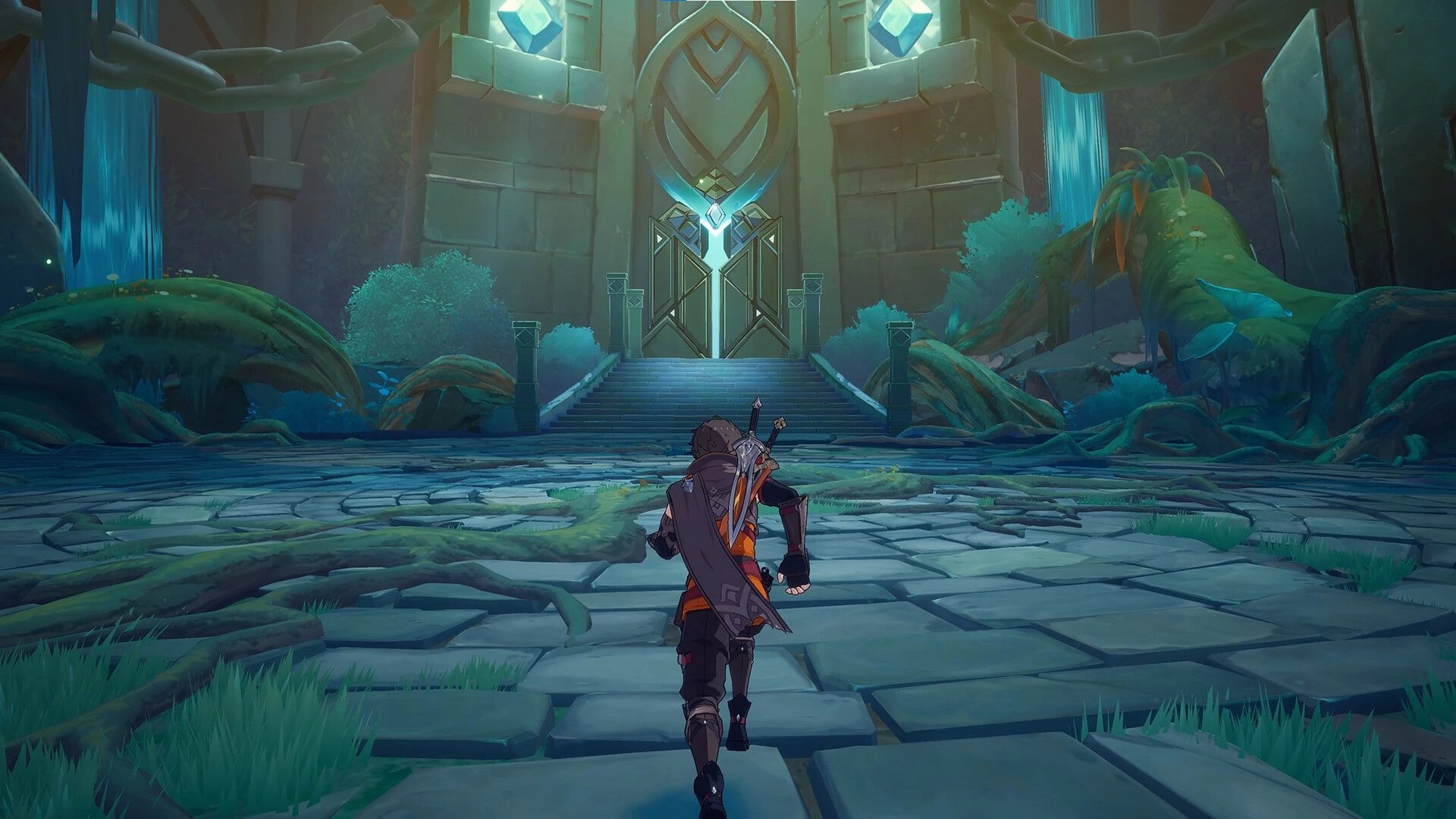 LIMIT ZERO BREAKERS: Character approaches a grand temple entrance surrounded by lush vegetation