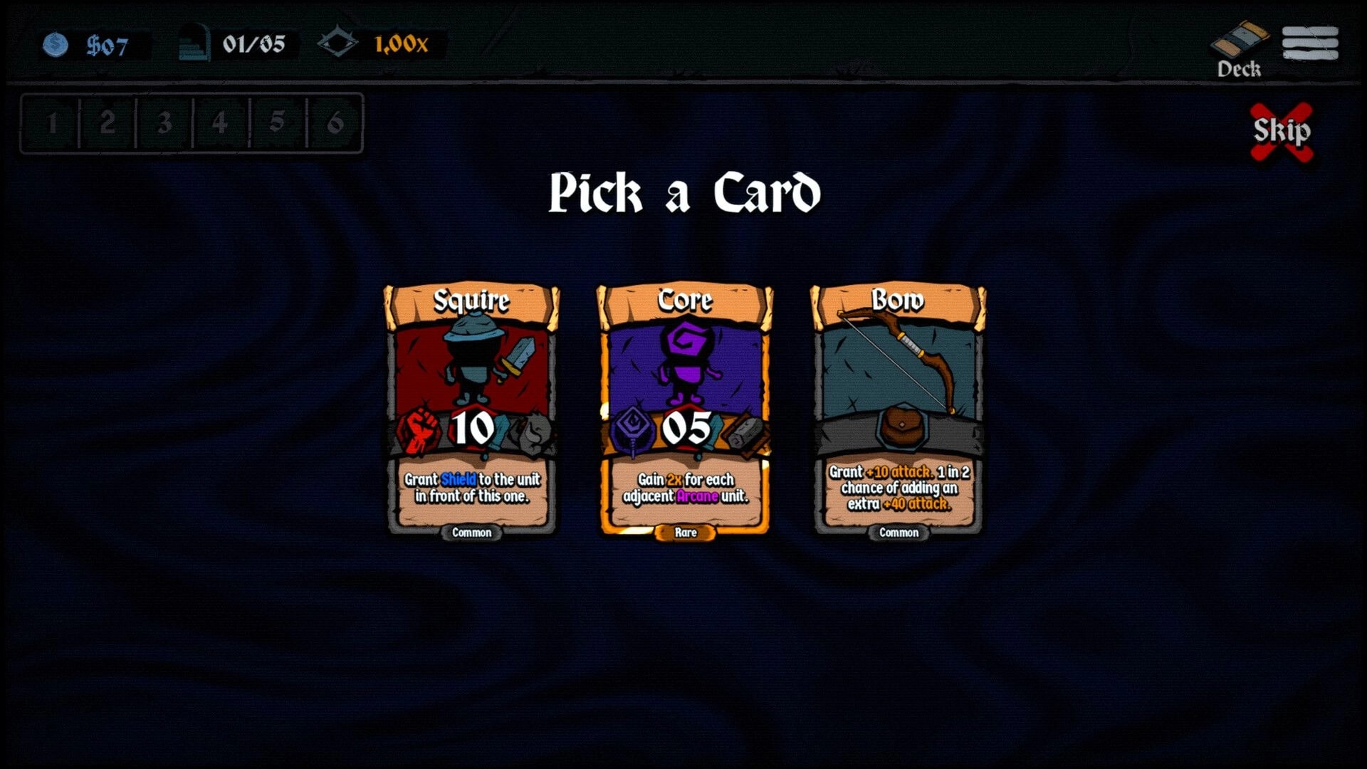Litany: Pick a Card reward screen with Squire, Core, and Bow choices on a dark UI backdrop.
